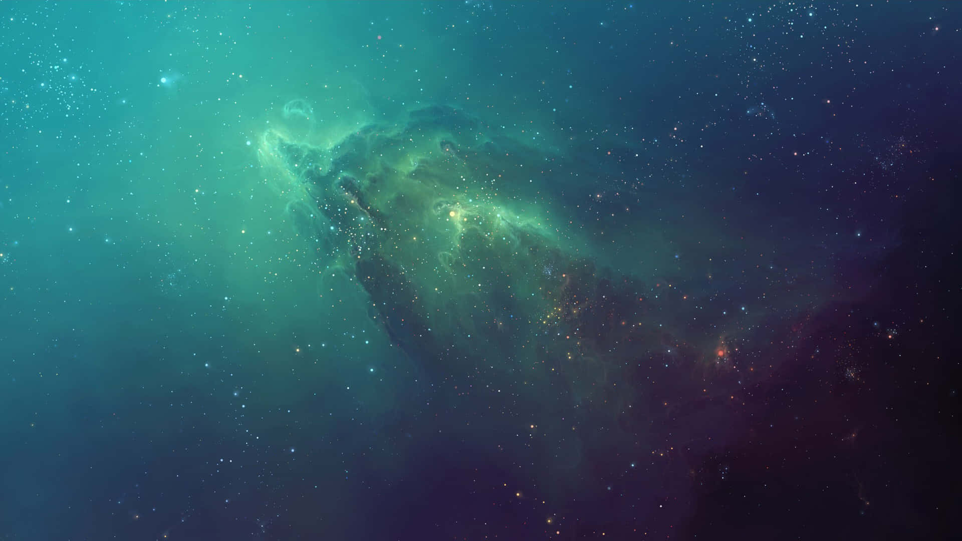1920 X 1080 Nebula 桌布 壁紙 — 一個宇宙星雲在過渡到深靛藍色的星場背景下，散發出翡翠色和藍綠色的光芒。