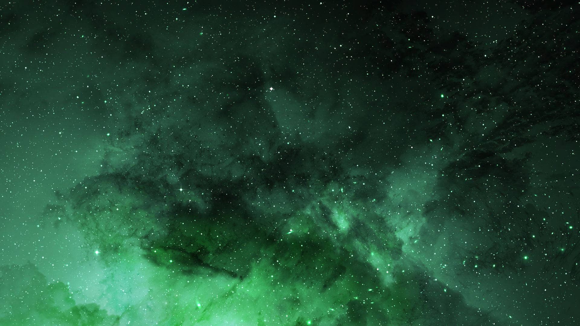 銀河 桌布 壁紙 — 一個宇宙星雲在鮮綠色和黑色中旋轉，閃爍的星星散落在深邃的太空廣袤中。