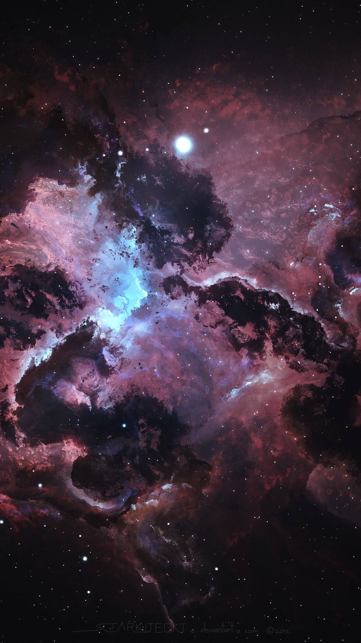 太空美學動圖 桌布 壁紙 — 一個宇宙星雲在鮮豔的洋紅色和電光藍色中旋轉，背景是星場，一顆明亮的中心星照亮了宇宙塵埃雲。
