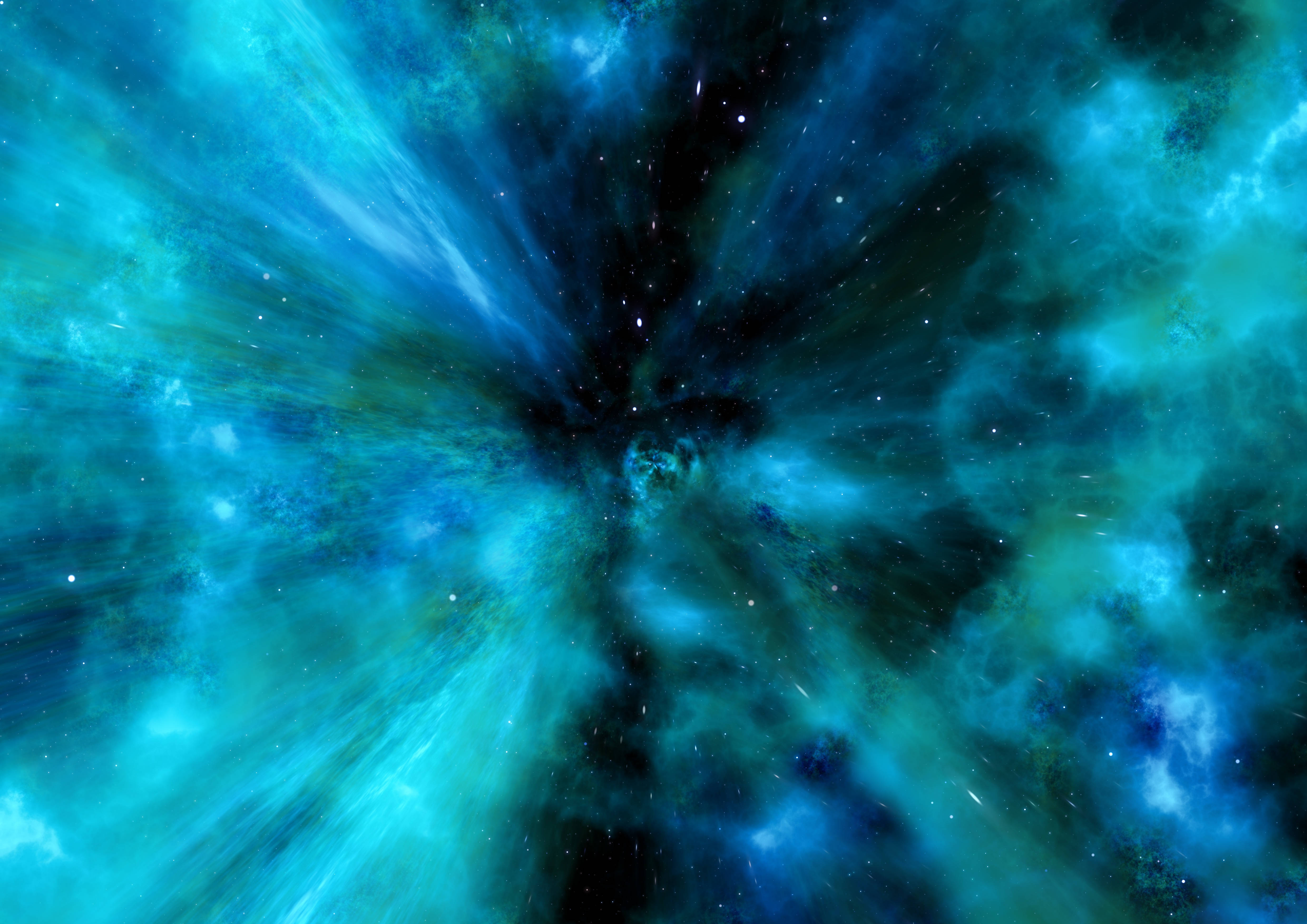 宇宙 桌布 壁紙 — 一個宇宙星雲在鮮豔的藍綠色和深藍色色調中旋轉，散落的星星點綴在黑暗的虛空中。
