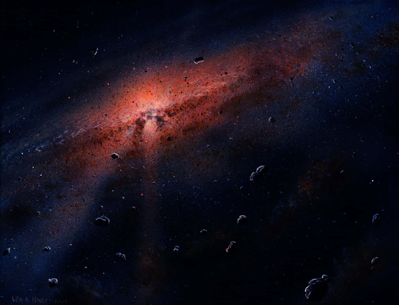 太陽系 桌布 壁紙 — 一個宇宙星雲在黑暗的星場中散發出火紅和橙色的光芒，周圍漂浮著小行星。