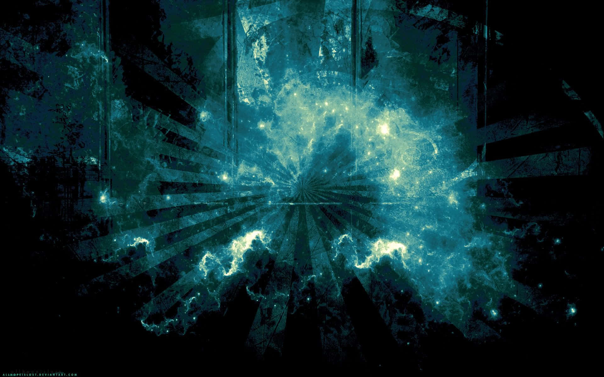 雲朵 桌布 壁紙 — 一個宇宙星雲在黑暗紋理背景上爆發電光藍色和藍綠色光芒，帶有放射狀條紋。