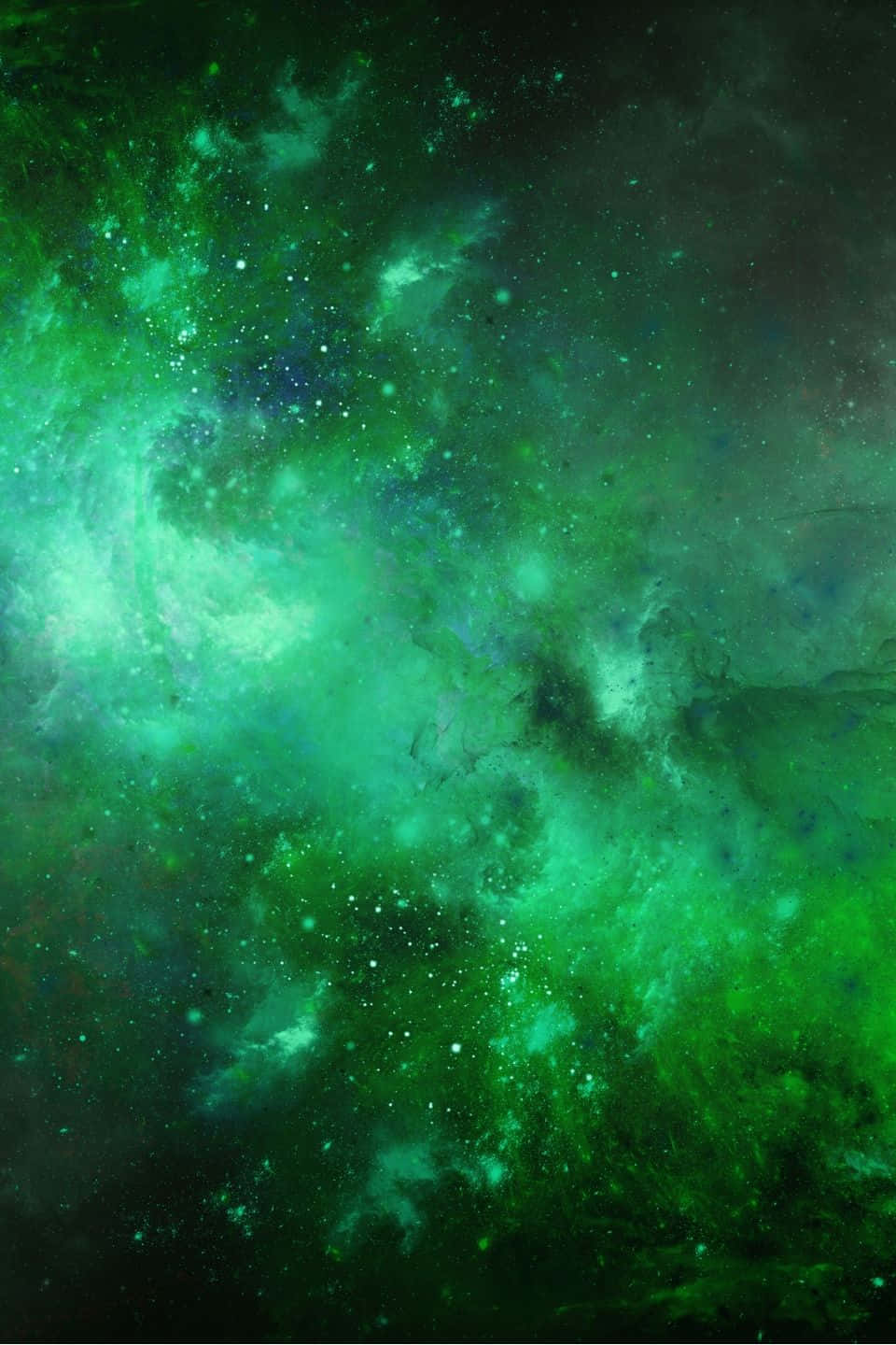 Green Galaxy 桌布 壁紙 — 一個宇宙星雲在黑暗虛空中旋轉，呈現出充滿活力的翡翠色和藍綠色調，點綴著閃爍的星星。