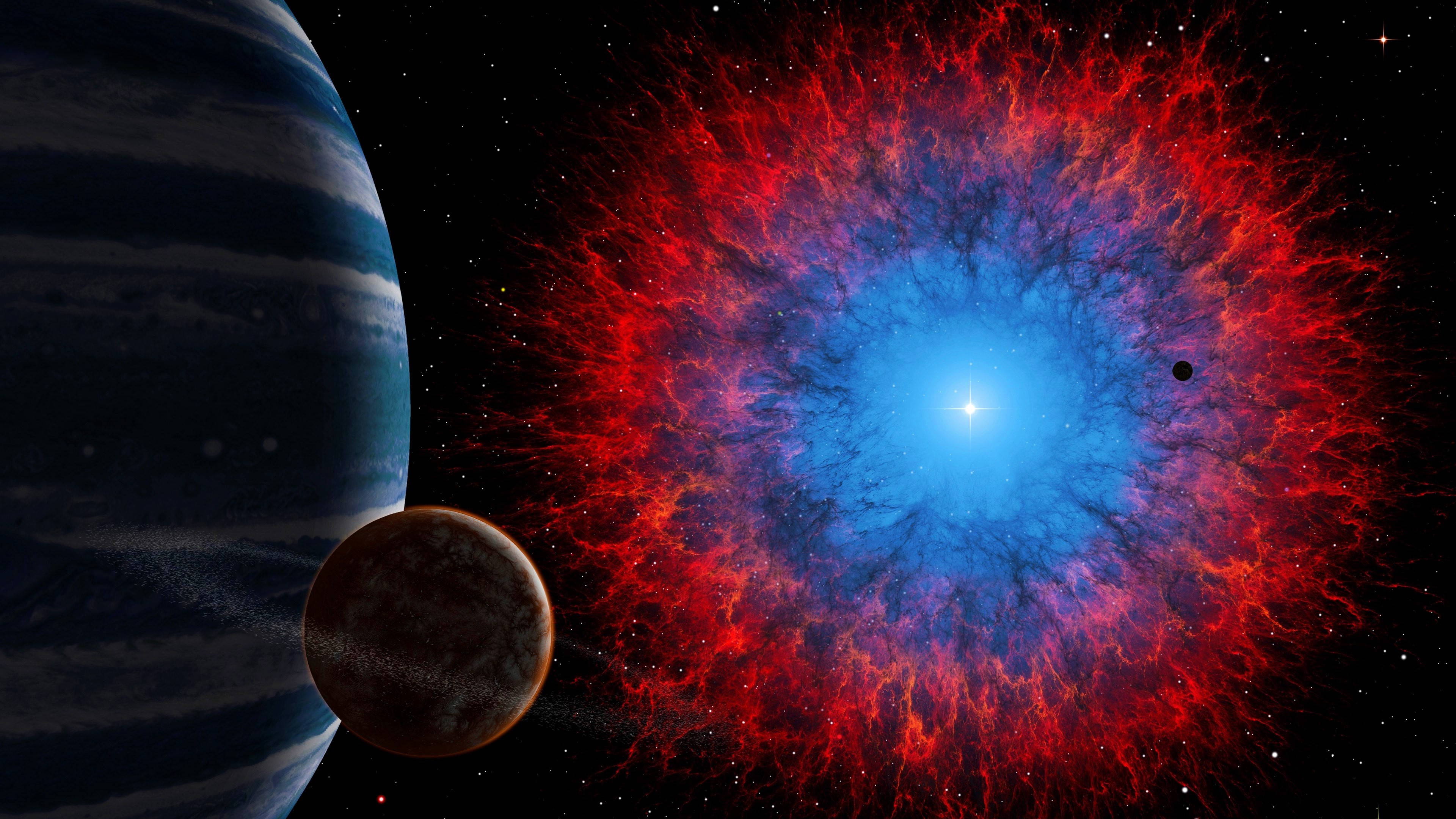 宇宙 桌布 壁紙 — 一個宇宙星雲帶有鮮豔的紅色和藍色觸手，從一顆明亮的恆星輻射出來，兩顆行星在深空中附近軌道運行。