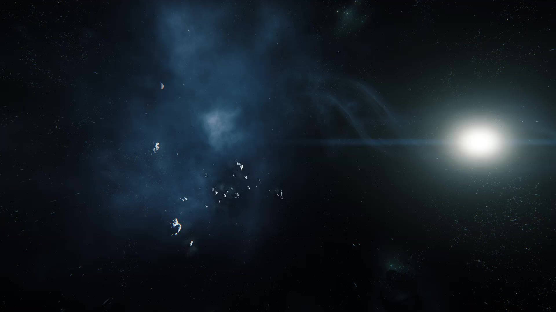 星際公民 桌布 壁紙 — 一個宇宙星雲發出深藍色和白色的光芒，一顆明亮的恆星在廣闊黑暗的太空中強烈閃耀。