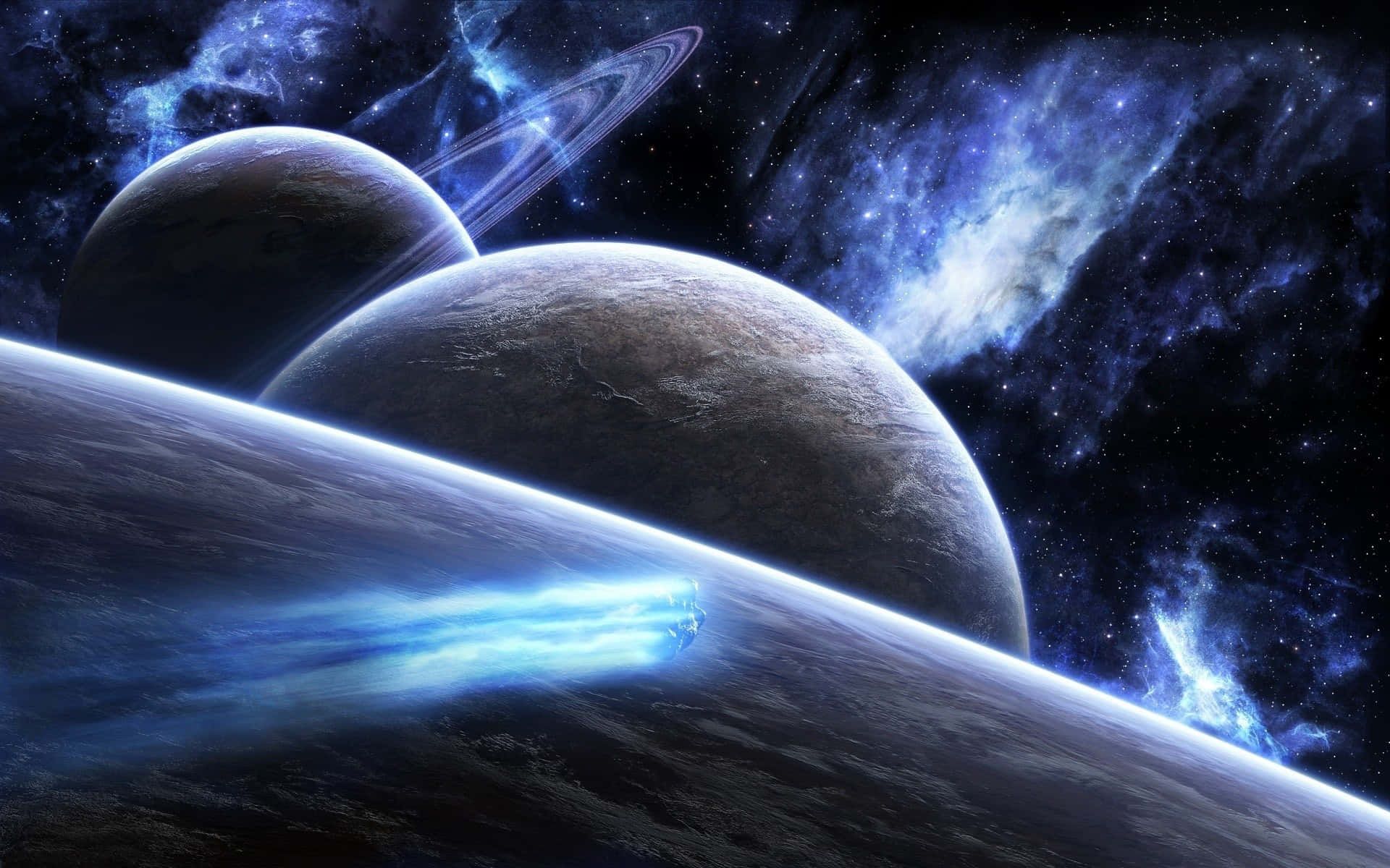 行星動畫 桌布 壁紙 — 一個宇宙景觀，一艘發光的藍色太空船在星雲背景下掠過一個帶有光環的行星。