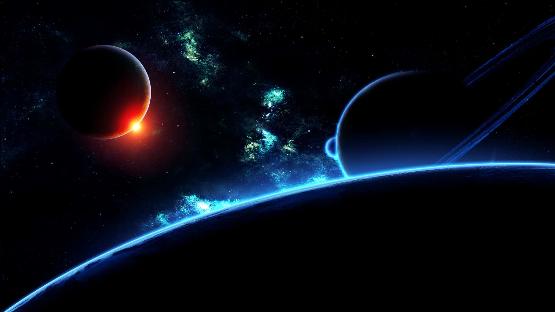 Surface 桌布 壁紙 — 一個宇宙景觀，一顆發光的紅色恆星被一顆行星遮蔽，前景中有一顆藍色發光的環狀行星。
