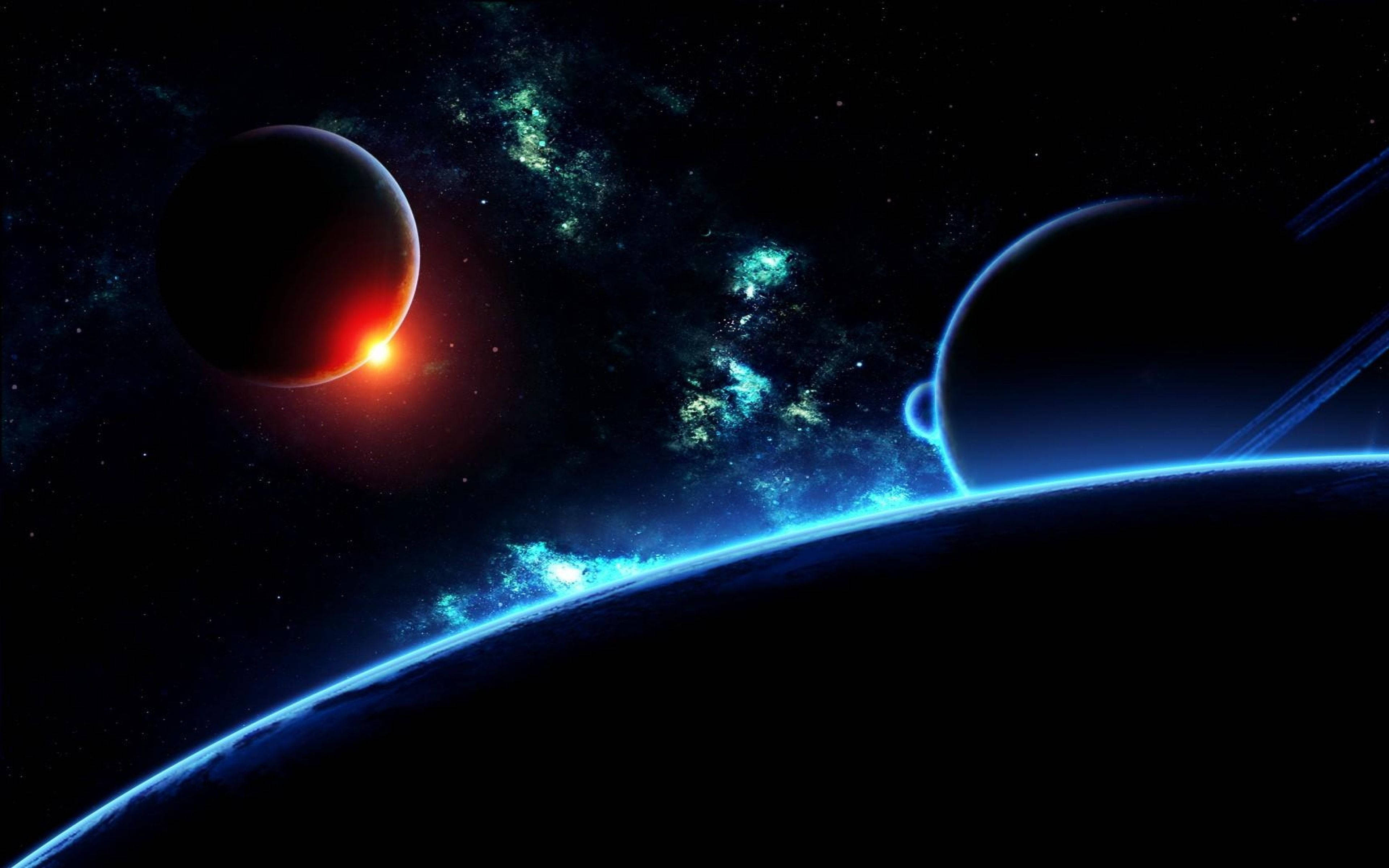 4K ultra HD galaxy 桌布 壁紙 — 一個宇宙景觀，一顆發光的紅色行星遮蔽了一顆恆星，前景中有一顆藍色調的行星和星雲。