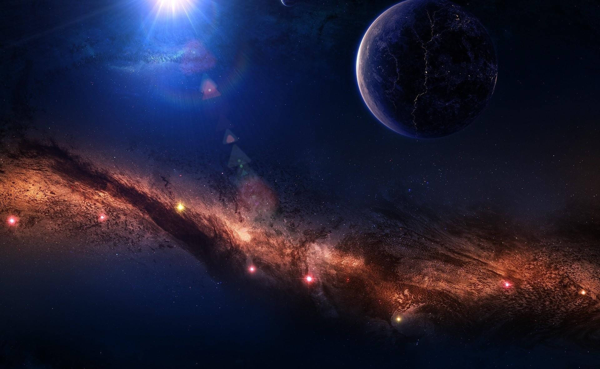 行星動畫 桌布 壁紙 — 一個宇宙景觀，一顆發光的藍色恆星照亮了旋轉的星雲，呈現紅色和橙色色調，附近漂浮著一顆黑暗的行星。