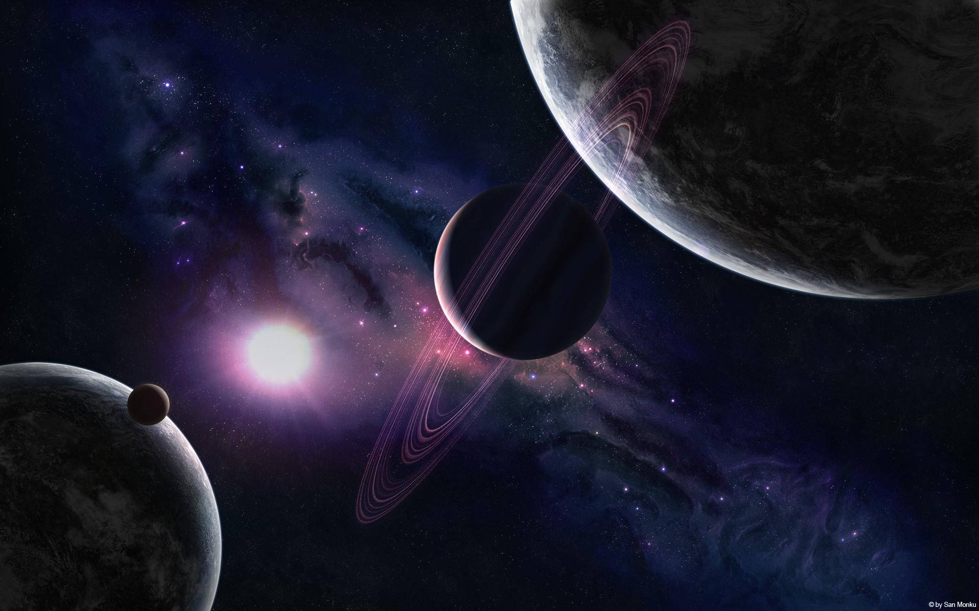 美學筆電 桌布 壁紙 — 一個宇宙景觀，三顆帶有光環的行星圍繞一顆明亮的恆星運行，背景是充滿星雲的夜空。