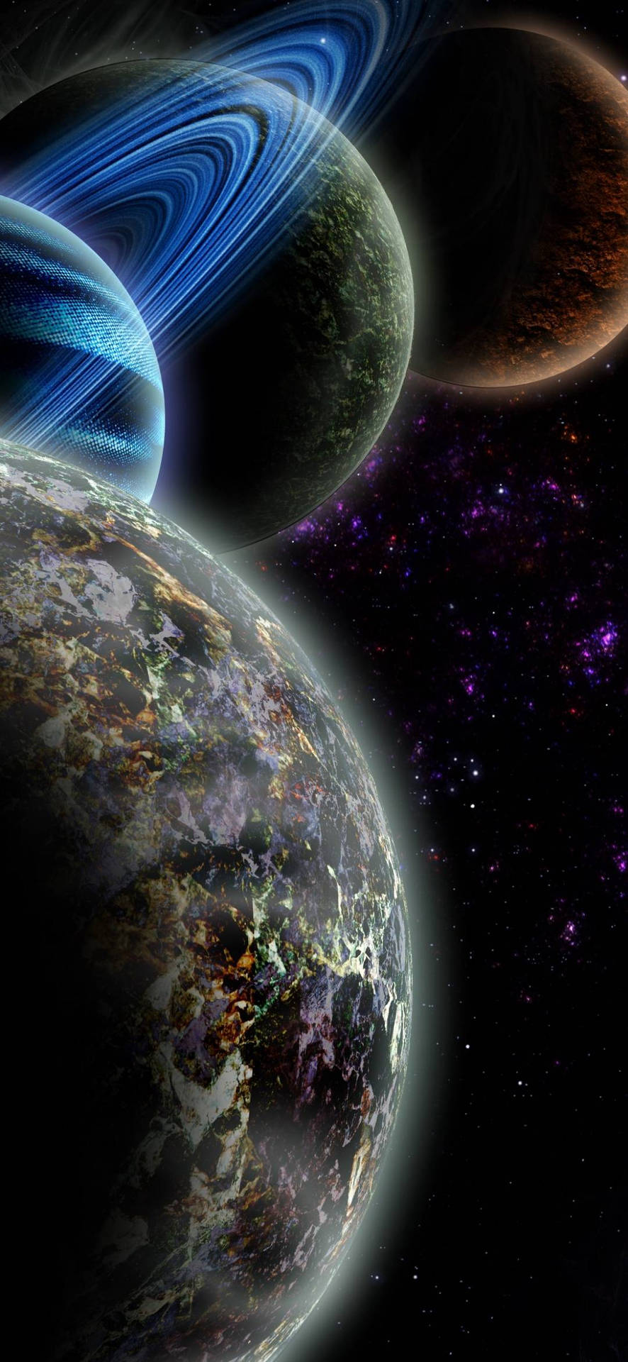 深空中三個帶有環和發光星雲的行星。 — Note 10 Plus 壁紙