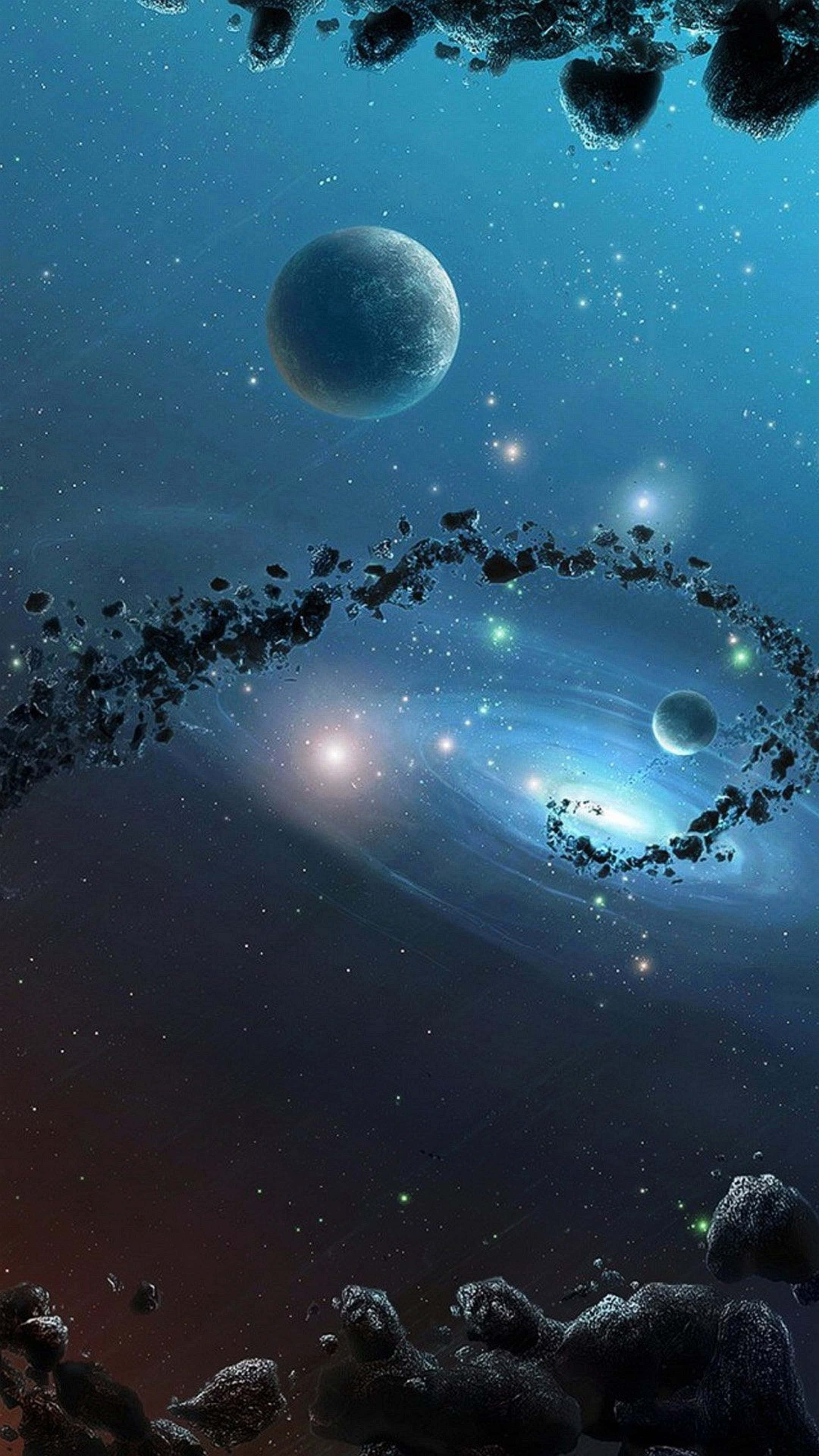 3d Space 桌布 壁紙 — 一個宇宙景觀，以發光的螺旋星系為特色，周圍環繞著漂浮的小行星和遙遠的行星，背景是繁星點點的藍色廣闊空間。
