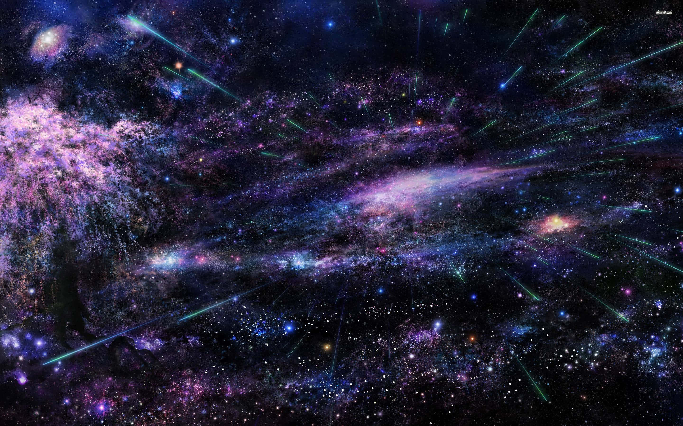 宇宙 桌布 壁紙 — 一個宇宙景觀，充滿活力的紫色和藍色星雲，帶有發光的綠色流星，劃過佈滿星星的虛空。