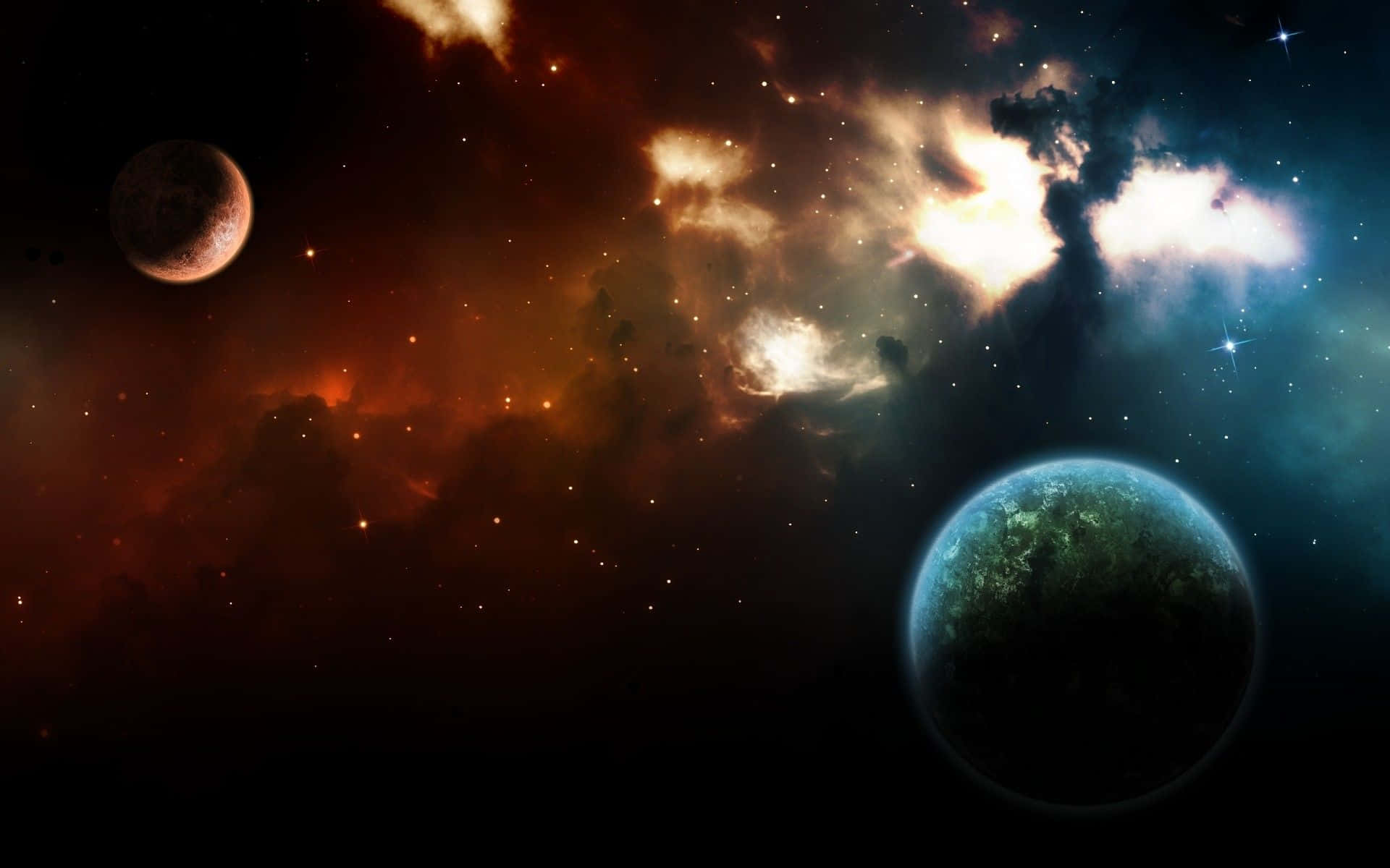 Beautiful Space 桌布 壁紙 — 一個宇宙景觀，兩顆行星在充滿活力的星雲中運行，星雲散發著火熱的橙色和冷藍色調。