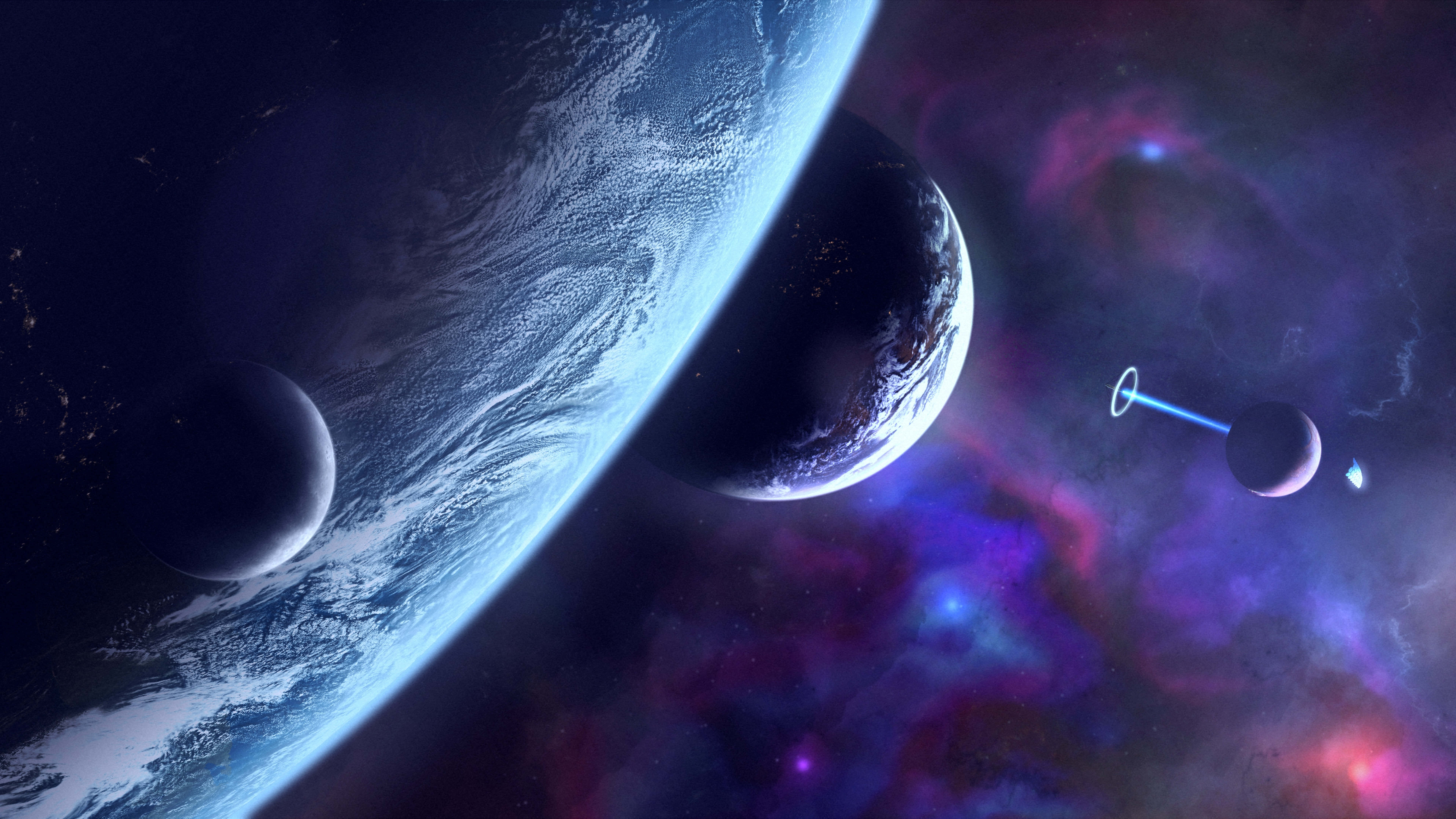 桌布 壁紙 — 一個宇宙景觀，包含一個帶有漩渦雲層的藍色行星、一個較小的衛星，以及一個發光的星雲，附近還有一艘未來風格的太空船漂浮著。