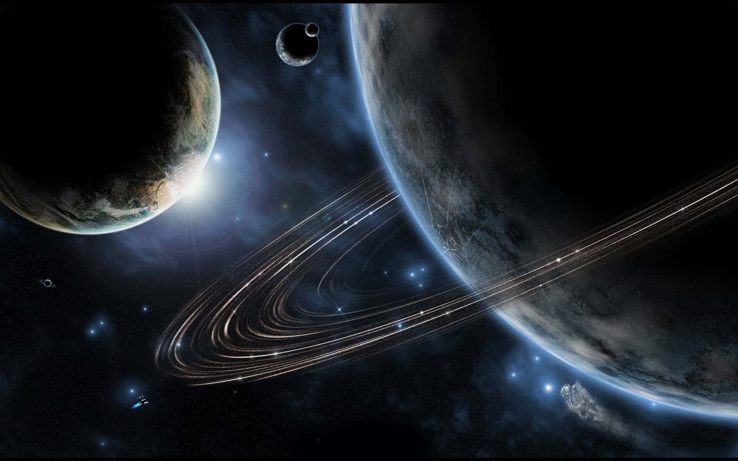 行星動畫 桌布 壁紙 — 一個宇宙景觀，包含一個有環的行星、一個新月和一個發光的類地世界，背景是星場。