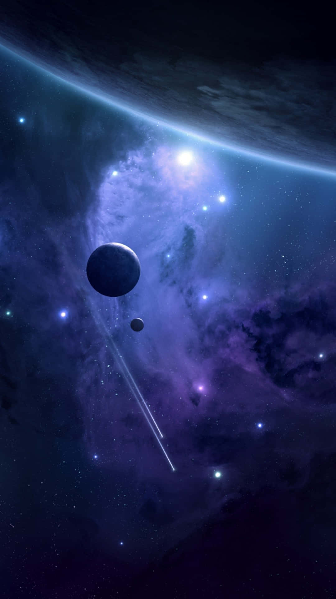 Epic iPhone 桌布 壁紙 — 一個宇宙景觀，包含一個發出紫色和藍色光芒的星雲、兩顆行星，以及一顆明亮的彗星劃過星空。