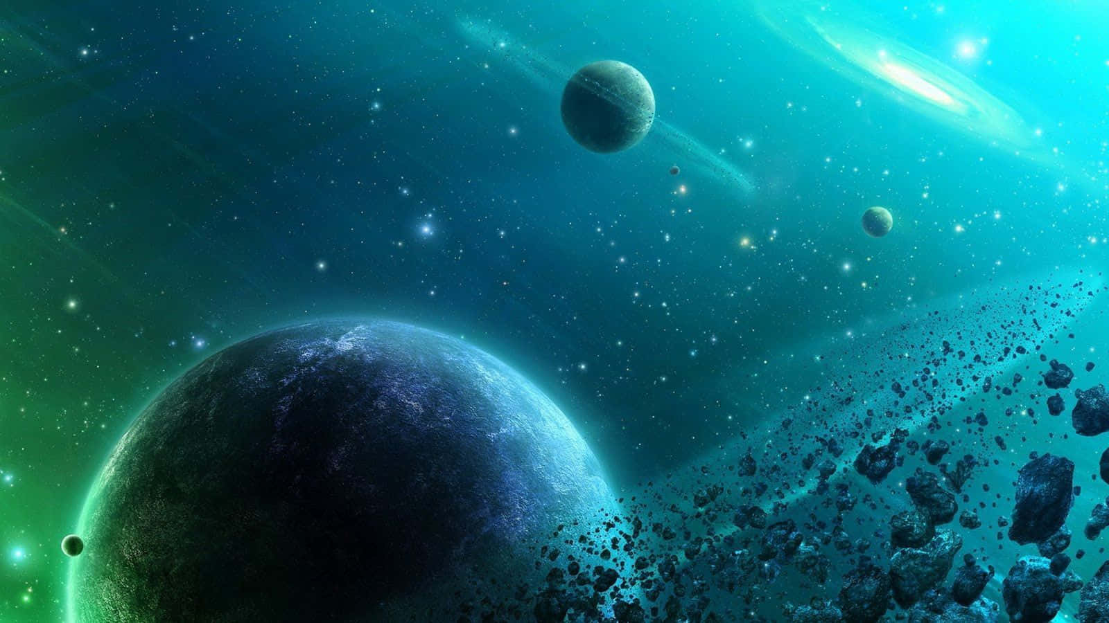 Green Galaxy 桌布 壁紙 — 一個宇宙景觀，包含一顆巨大的藍色行星、漂浮的小行星和遙遠的恆星，背景是藍綠色和綠色的漸變星雲。