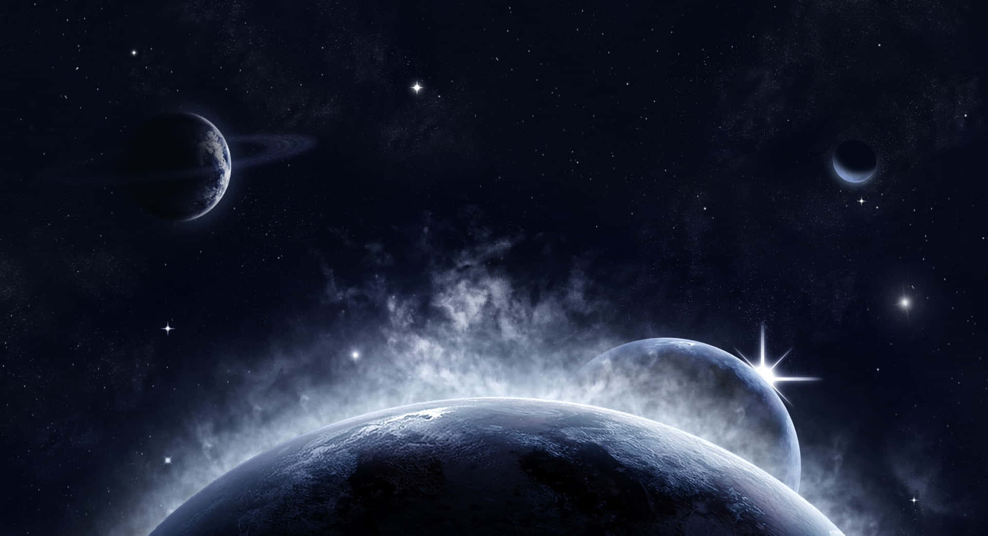 Celestial Bodies 桌布 壁紙 — 一個宇宙景觀，包含一顆帶有光環和遙遠衛星的發光行星，背景是繁星點點的星雲。