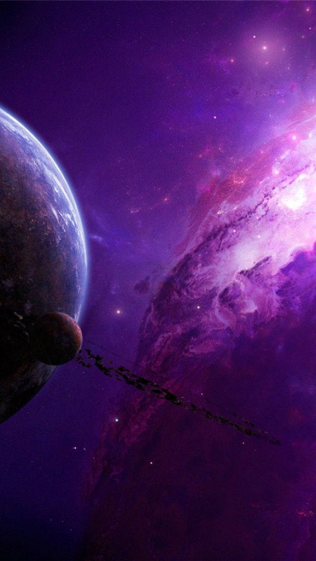 星空動畫 桌布 壁紙 — 一個宇宙景觀，包含一顆帶有月亮的藍色行星和一個閃爍著星星的充滿活力的紫色星雲。