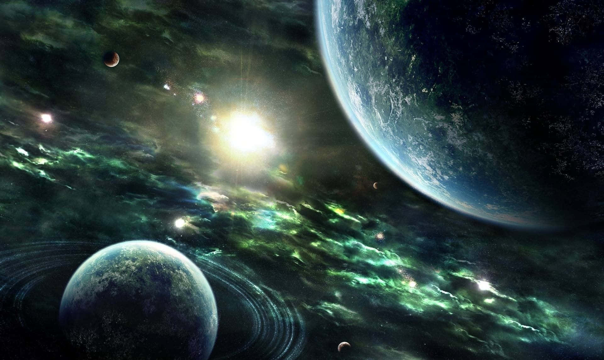 Cartoon Sci-fi 桌布 壁紙 — 一個宇宙景觀，包含一顆發光的太陽照亮了旋轉的綠色星雲和兩顆行星，一顆帶有光環，另一顆是藍綠色的類地世界。