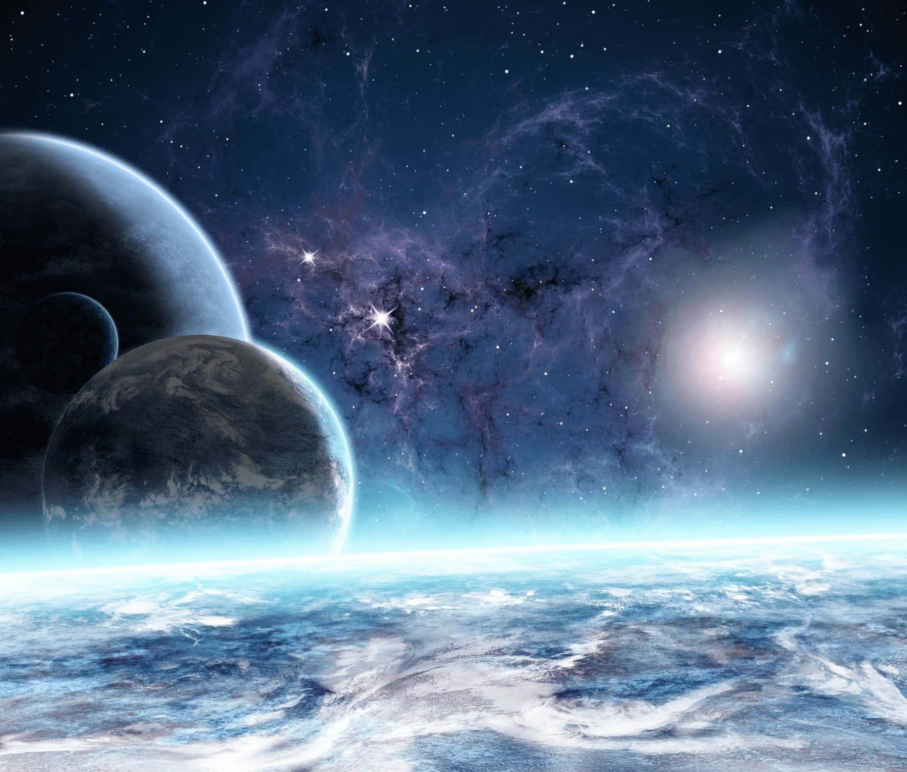 Atmosphere 桌布 壁紙 — 一個宇宙景觀，包含兩顆行星圍繞一顆明亮恆星運行，伴隨著旋轉的星雲和遙遠的恆星，在深藍色的廣闊空間中。