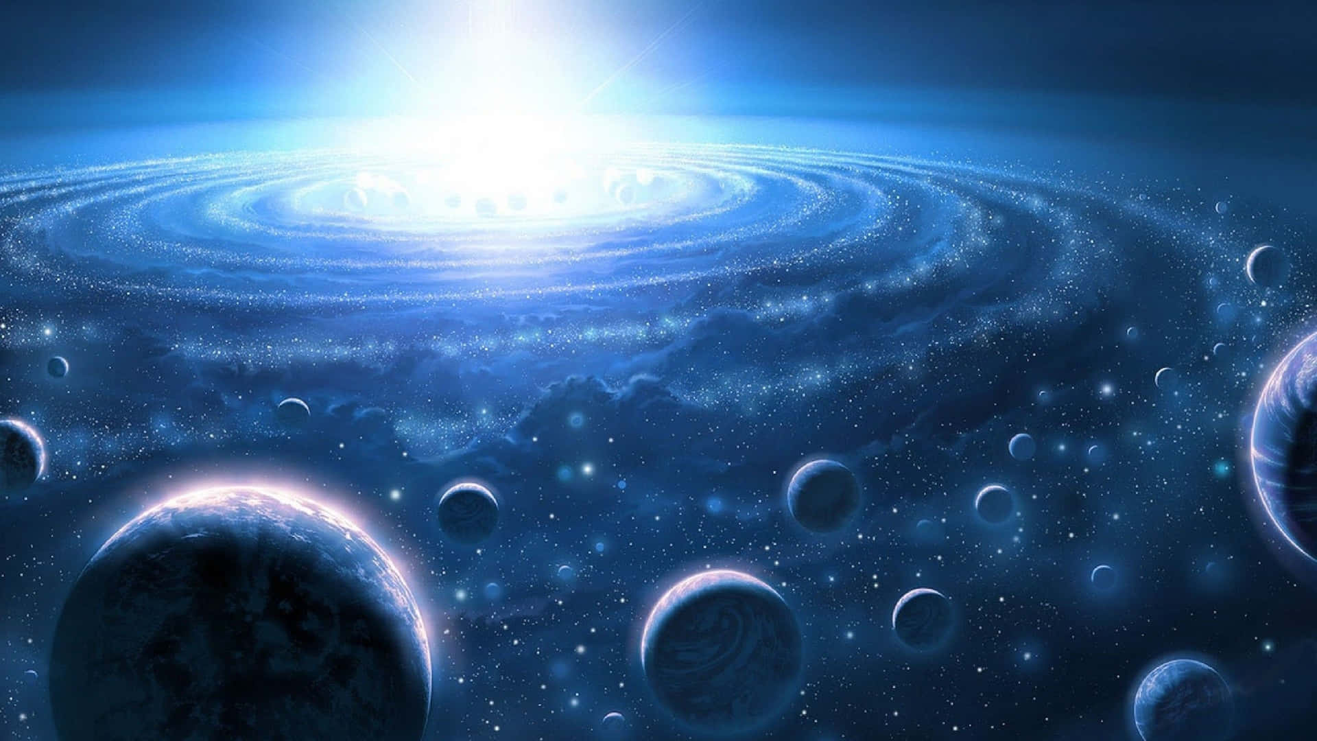 太陽系 桌布 壁紙 — 一個宇宙景觀，包含旋轉的藍色星系和發光的行星，位於光芒四射的中央太陽之下。