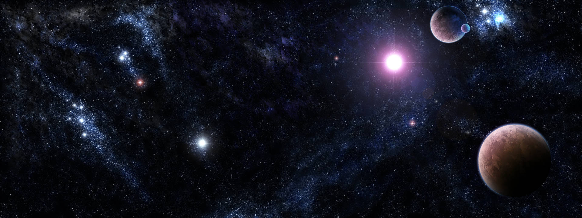 外太空 桌布 壁紙 — 一個宇宙景觀，包含發光的星星、星雲和行星，在深邃黑暗的星系中漂流。