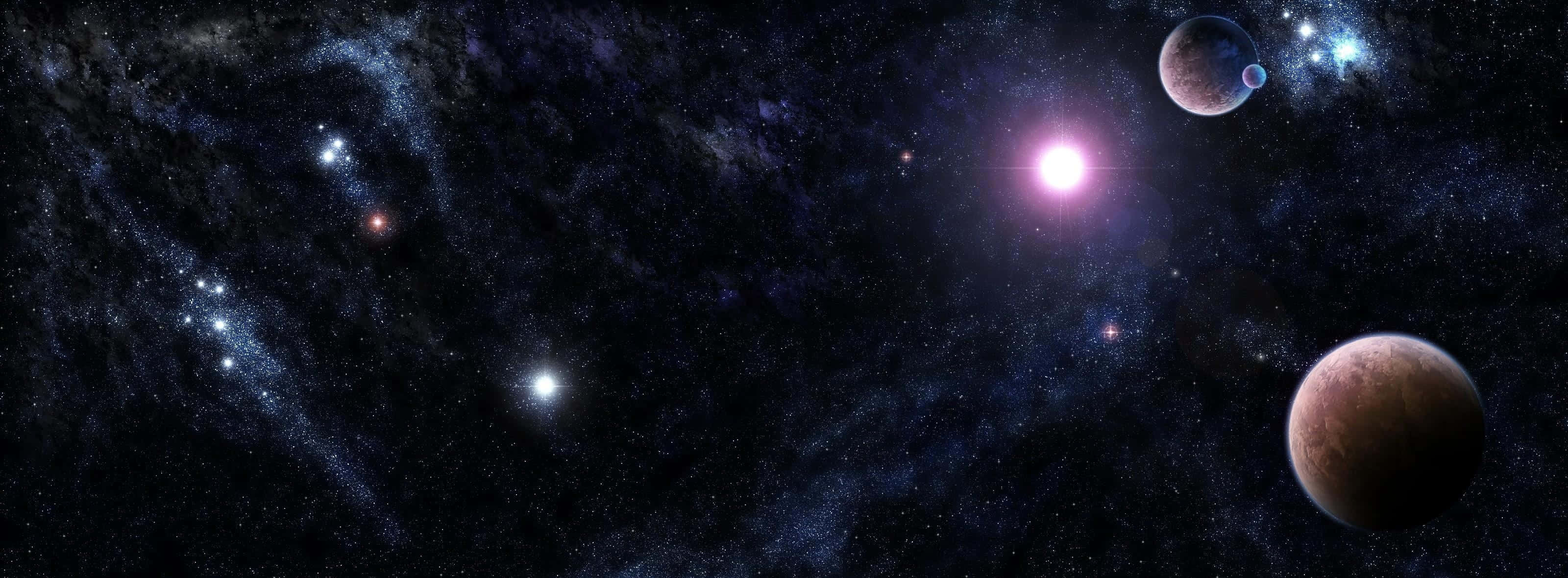 Real Galaxy 桌布 壁紙 — 一個宇宙景觀，包含發光的星星、星雲和行星在星野下的深空中漂流。