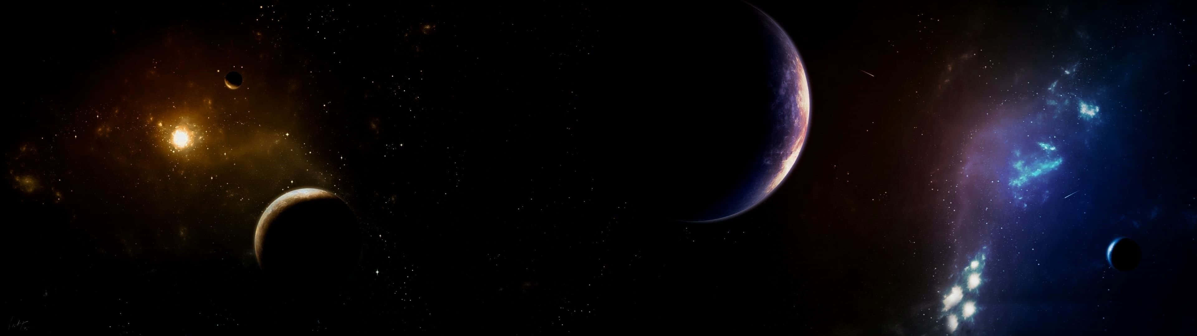 桌布 壁紙 — 一個宇宙景觀，包含發光的星雲、行星和恆星，背景是深邃的黑色太空虛空。