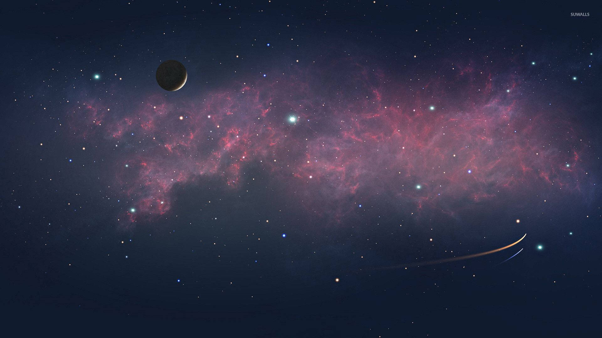 美學筆電 桌布 壁紙 — 一個宇宙景觀，包含發光的粉紅色星雲、散落的星星、一顆黑暗行星和一顆劃過深藍色虛空的彗星。