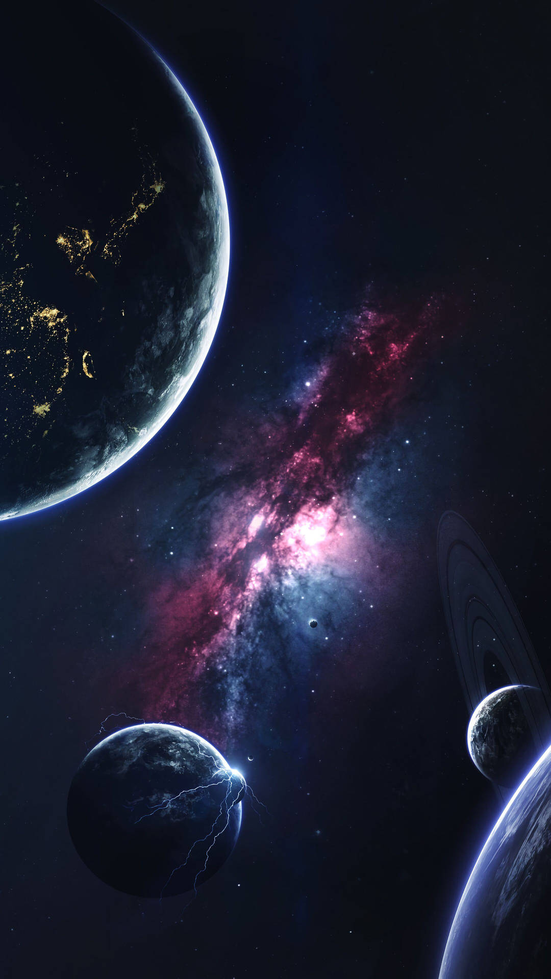 行星和色彩繽紛的星雲在深空中漂浮，周圍是閃爍的星星。