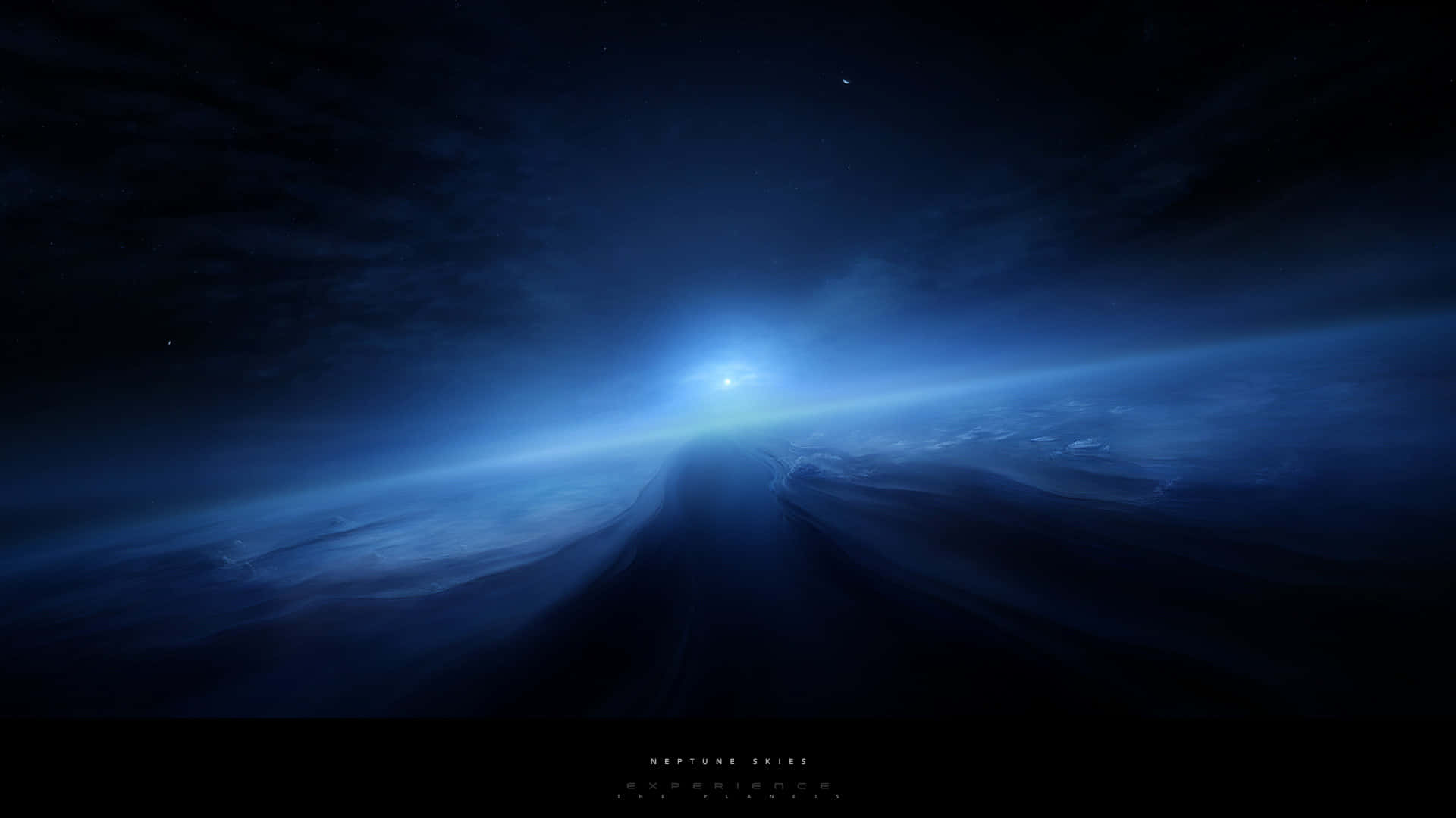 科幻 桌布 壁紙 — 一個宇宙景觀，展現海王星大氣層的輝光，伴隨著旋轉的藍色雲層和星光燦爛夜空下的耀眼地平線。
