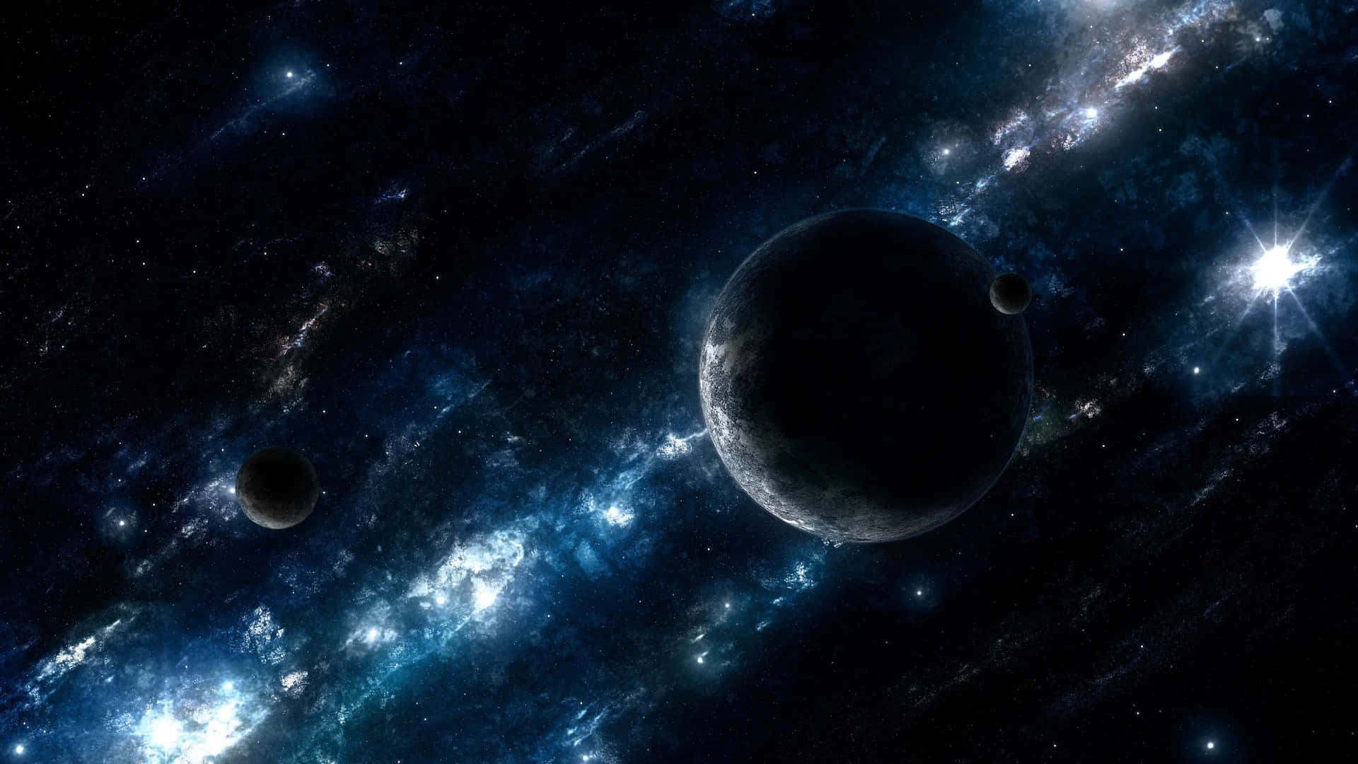 Animated Space 桌布 壁紙 — 一個宇宙景觀，展示一顆巨大的黑暗行星，有兩顆衛星在旋轉的藍色星雲和明亮恆星之間運行。