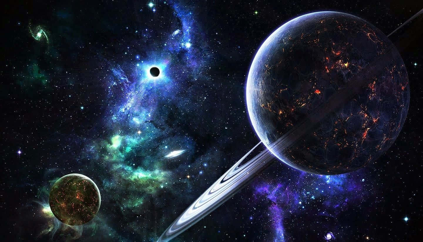 Beautiful Space 桌布 壁紙 — 一個宇宙景觀，展示了一個帶有發光表面噴發的環狀行星，背景是充滿活力的星雲和遙遠的恆星。