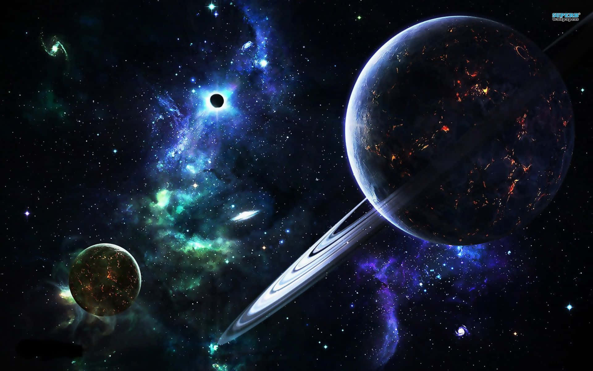 Galaxy Planet 桌布 壁紙 — 一個宇宙景觀，展示了一個帶有發光表面噴發的環狀行星、一個較小的行星，以及星場背景下鮮豔的星雲。