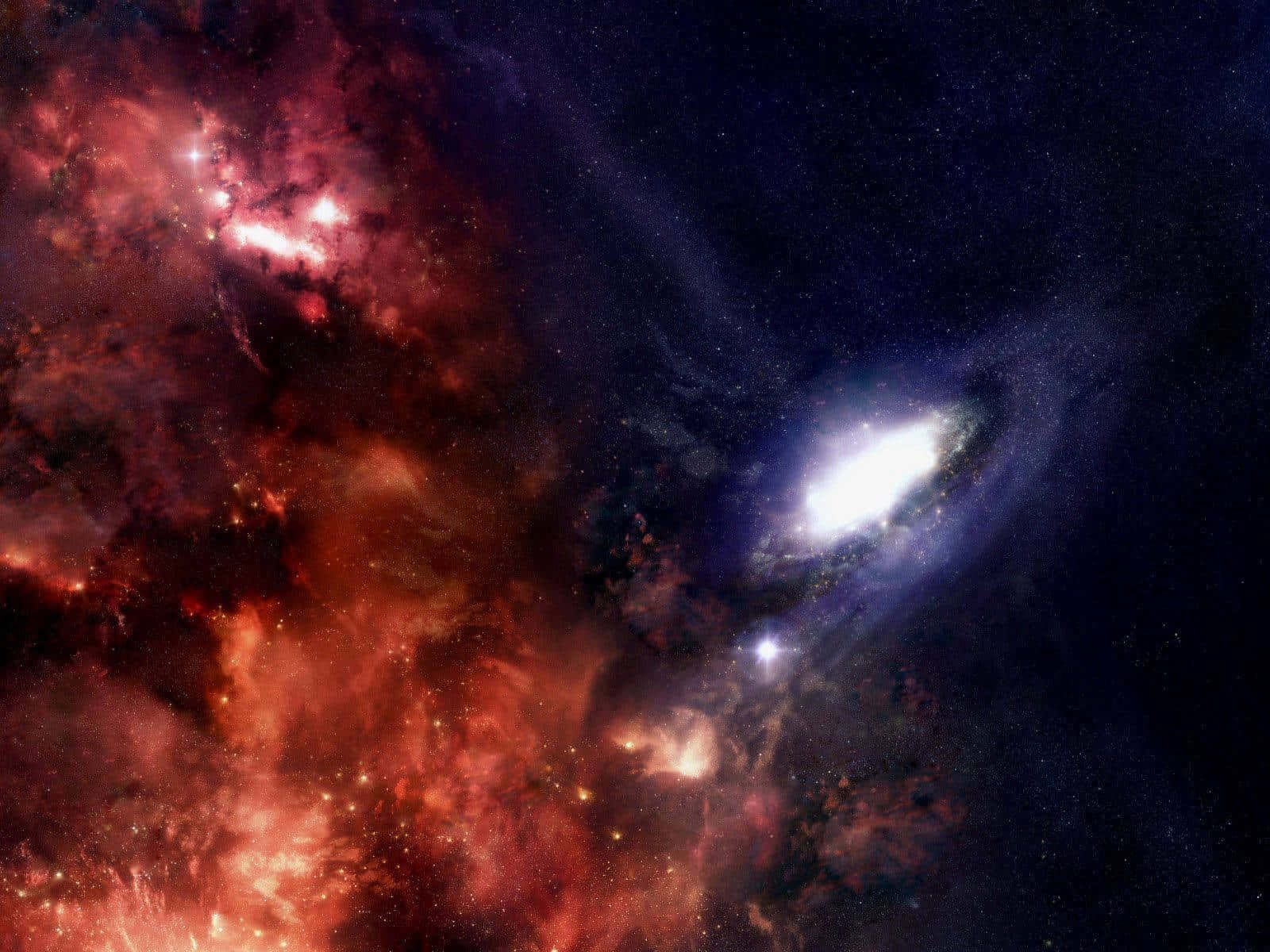 3d Space 桌布 壁紙 — 一個宇宙景觀，展示了一個發光的螺旋星系，周圍是熾熱的紅色星雲和散落的星星，背景是深邃的黑色虛空。