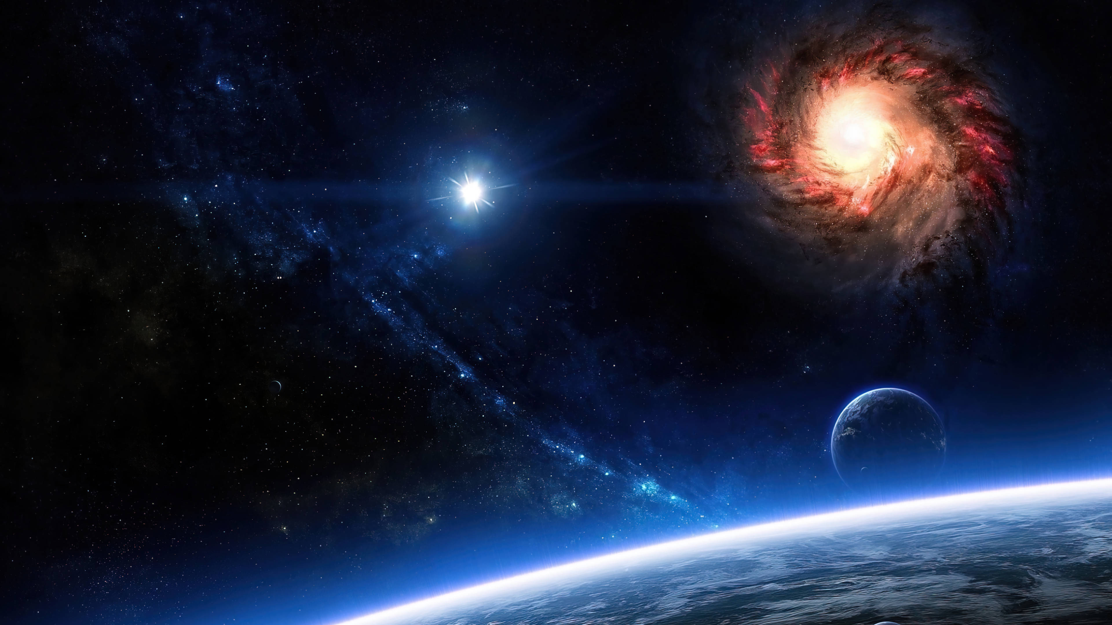 桌布 壁紙 — 一個宇宙景觀，展示了一個發光的螺旋星系、一顆明亮的恆星和一顆繞著帶有大氣輝光的藍色行星運行的行星。