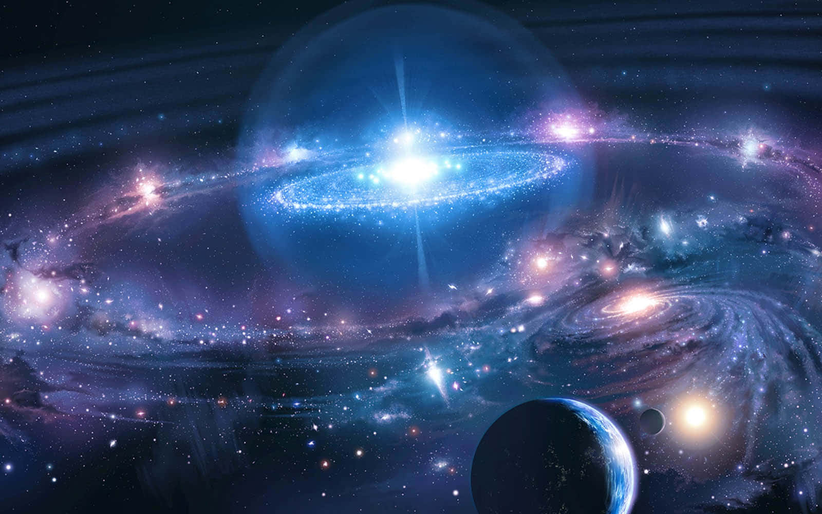 行星動畫 桌布 壁紙 — 一個宇宙景觀，展示旋轉的星系，散發著藍色、紫色和粉紅色的光芒，周圍環繞著遙遠的恆星和行星。