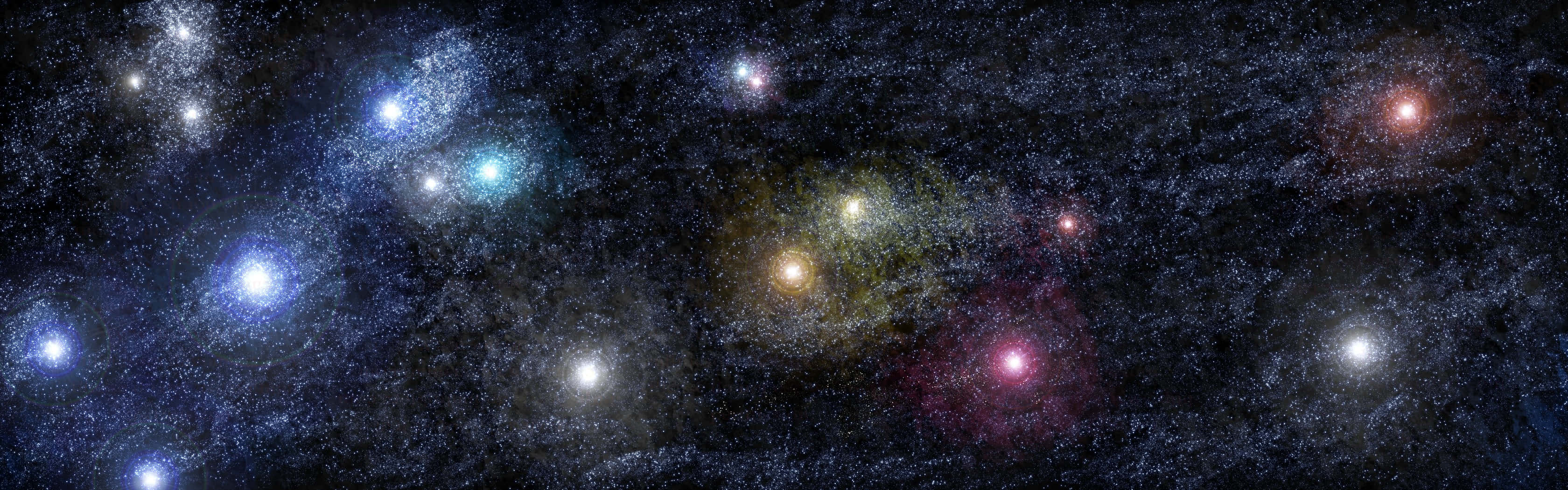 桌布 壁紙 — 一個宇宙景觀，展示發光的星雲和遙遠的恆星，背景是深邃黑暗的太空。