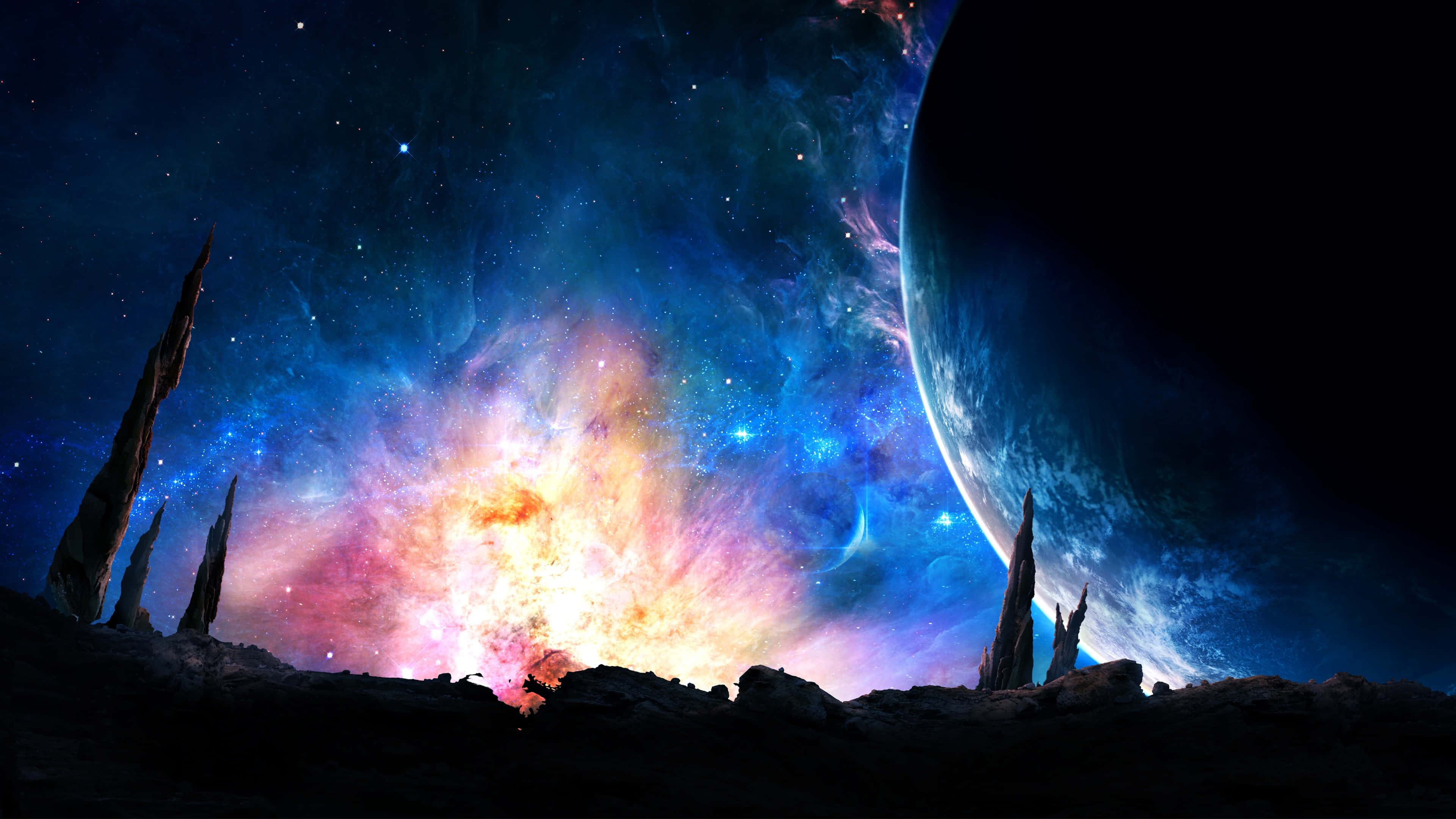 科幻 桌布 壁紙 — 一個宇宙景觀，崎嶇的岩石輪廓映襯著鮮豔的星雲和深空中的巨大行星。