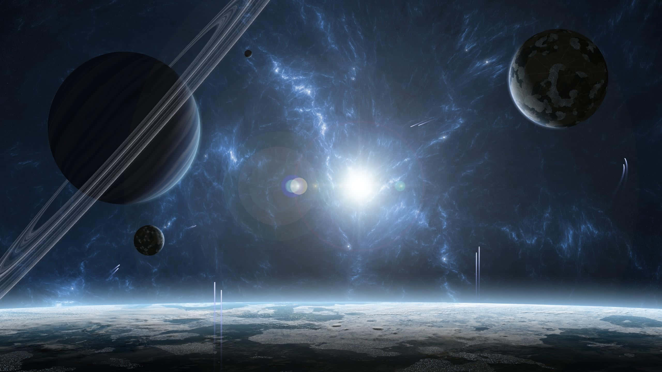 Exoplanet 桌布 壁紙 — 一個宇宙景觀，明亮的星爆照亮了旋轉的星雲和多個行星，包括一個帶環的氣體巨星，背景是深邃的太空。