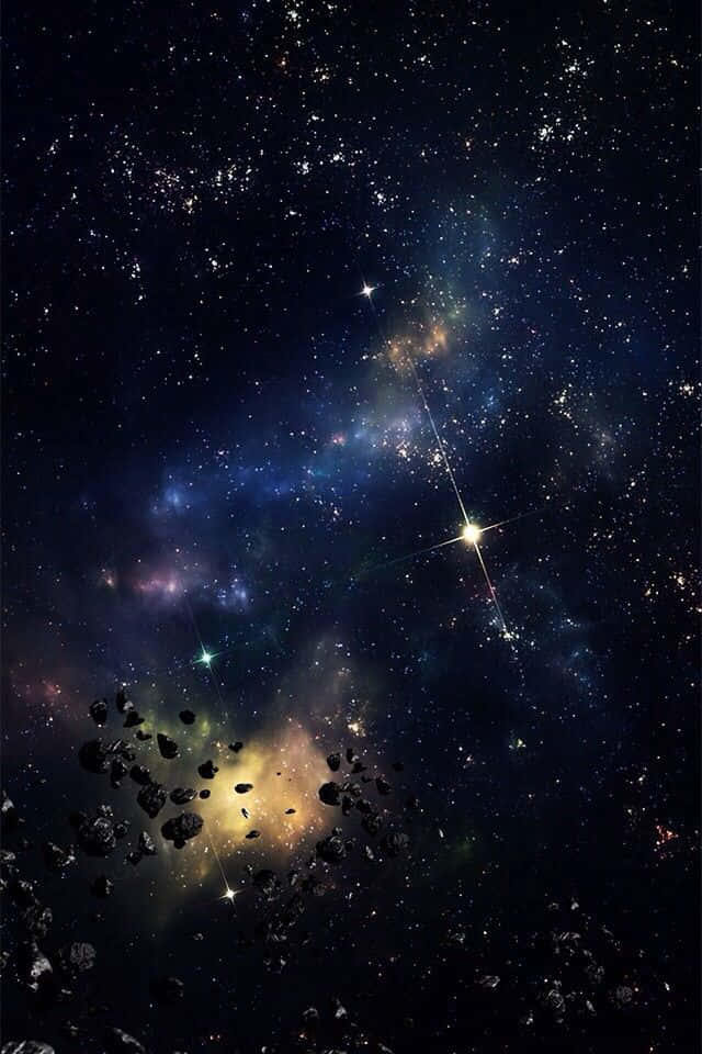 太空 桌布 壁紙 — 一個宇宙景觀，發光的星雲和散落的小行星，背景是繁星點點的深空。