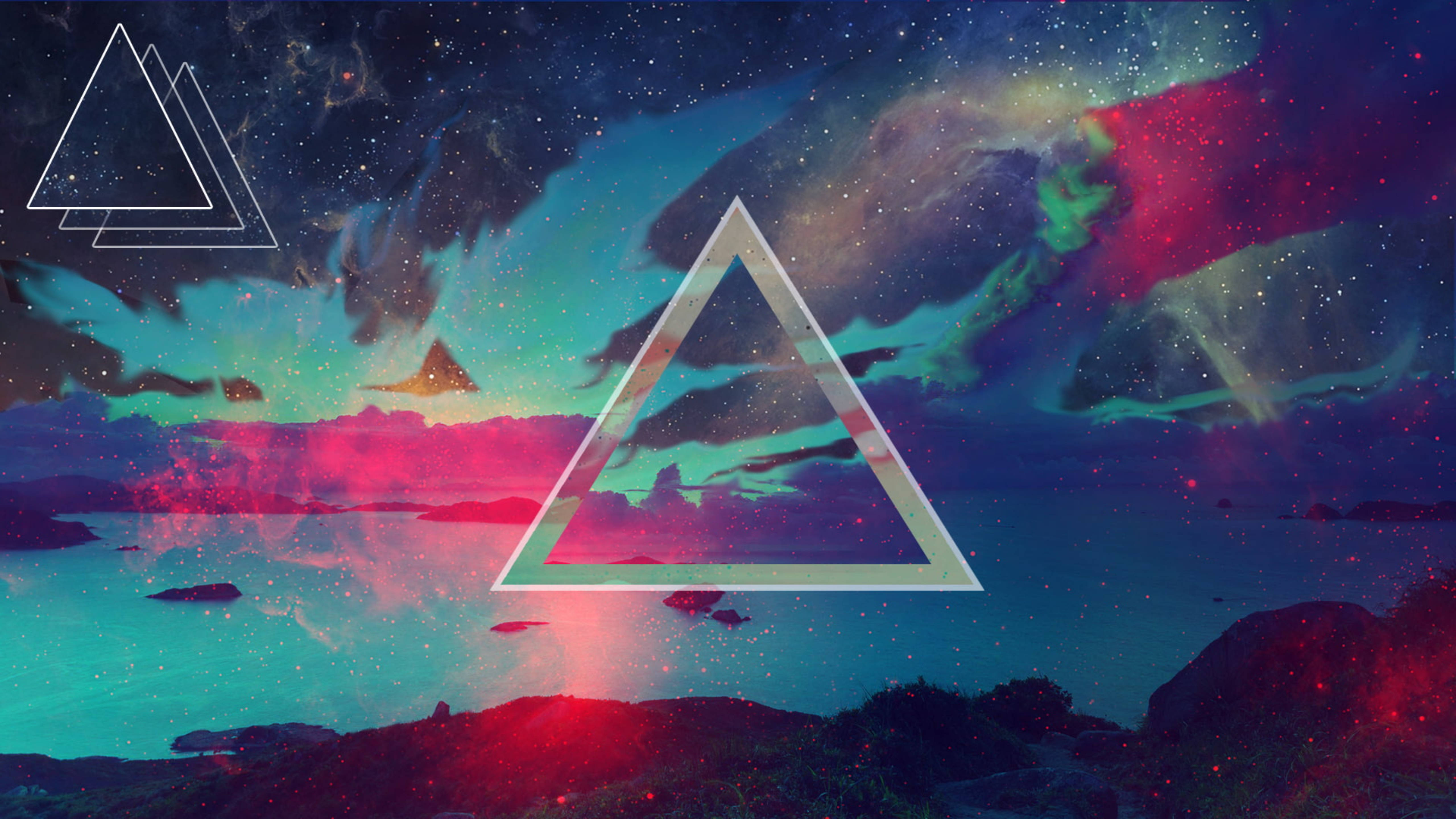 Polyscape 桌布 壁紙 — 一個宇宙景觀，發光的星雲和星空在水面上反射，下方有漂浮的幾何三角形。