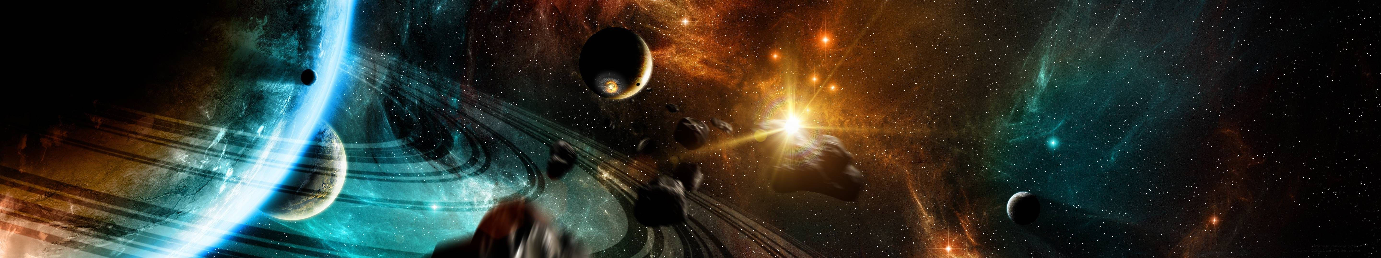 銀河 桌布 壁紙 — 一個宇宙景觀，發光的星雲圍繞行星和恆星旋轉，中心有明亮的太陽爆發。