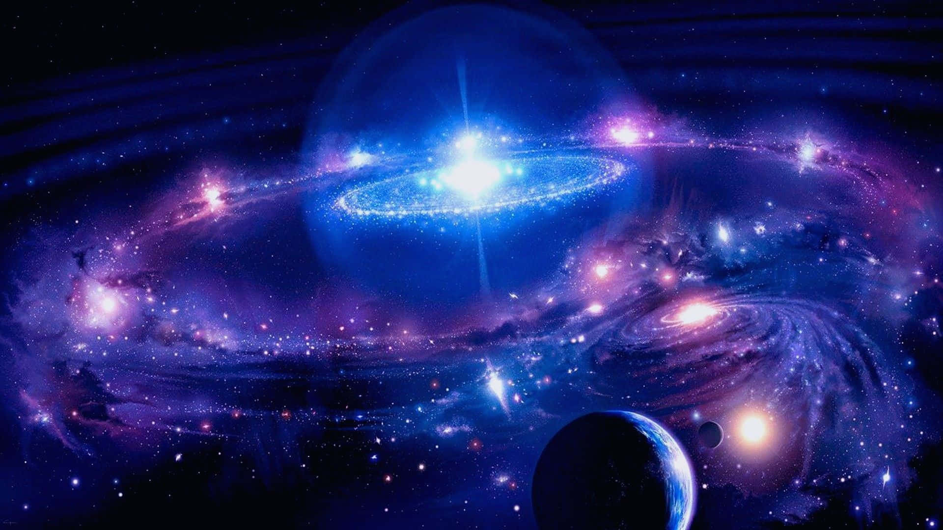 3d Star 桌布 壁紙 — 一個宇宙景觀，發光的藍色和紫色星系在黑暗虛空中與恆星和行星一起旋轉。