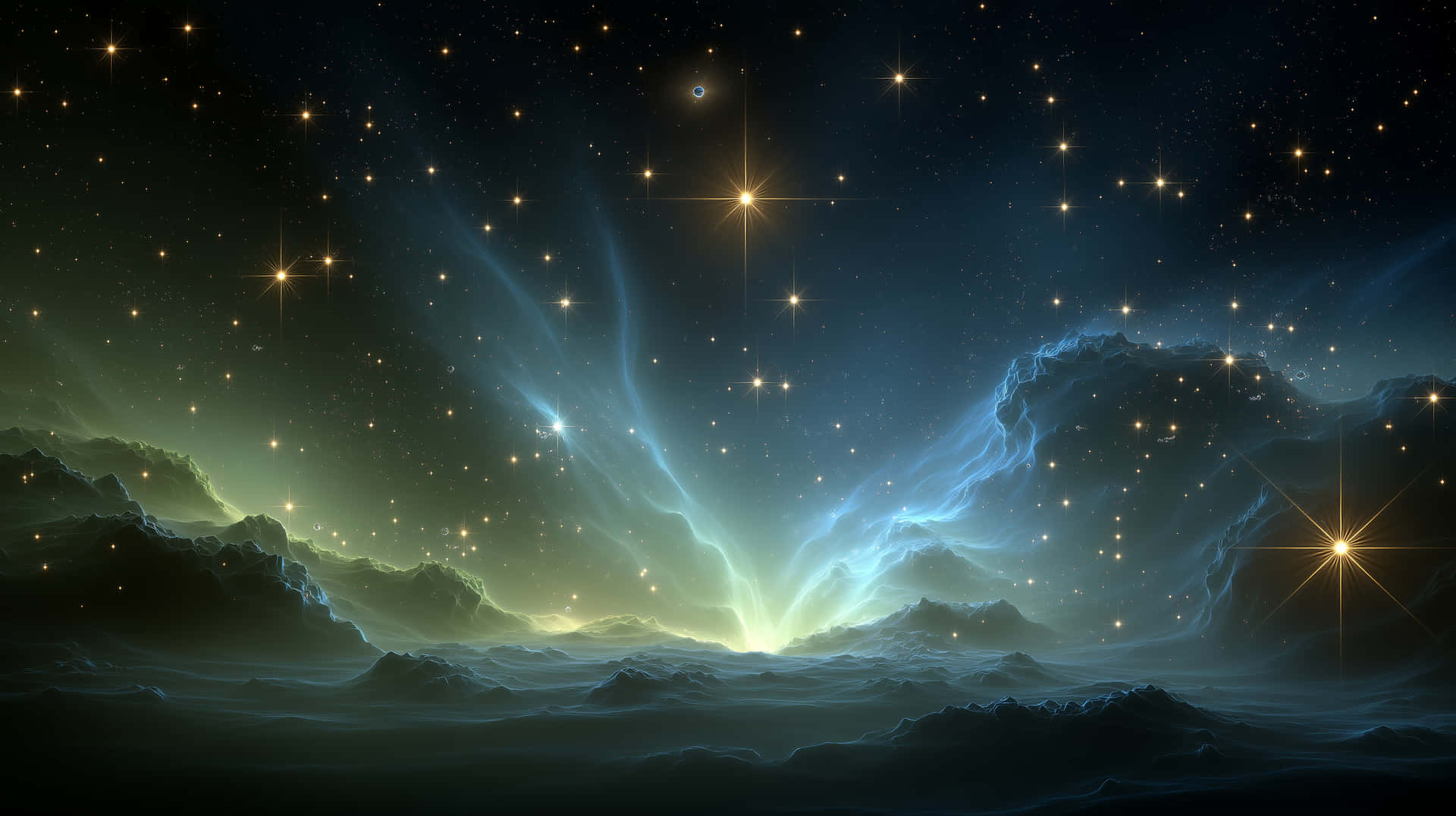 Cosmic Nebula with Shimmering Stars and Light 壁紙 — 一個宇宙景觀，發光的藍色和綠色星雲從黑暗的雲層中升起，下方是星場。
