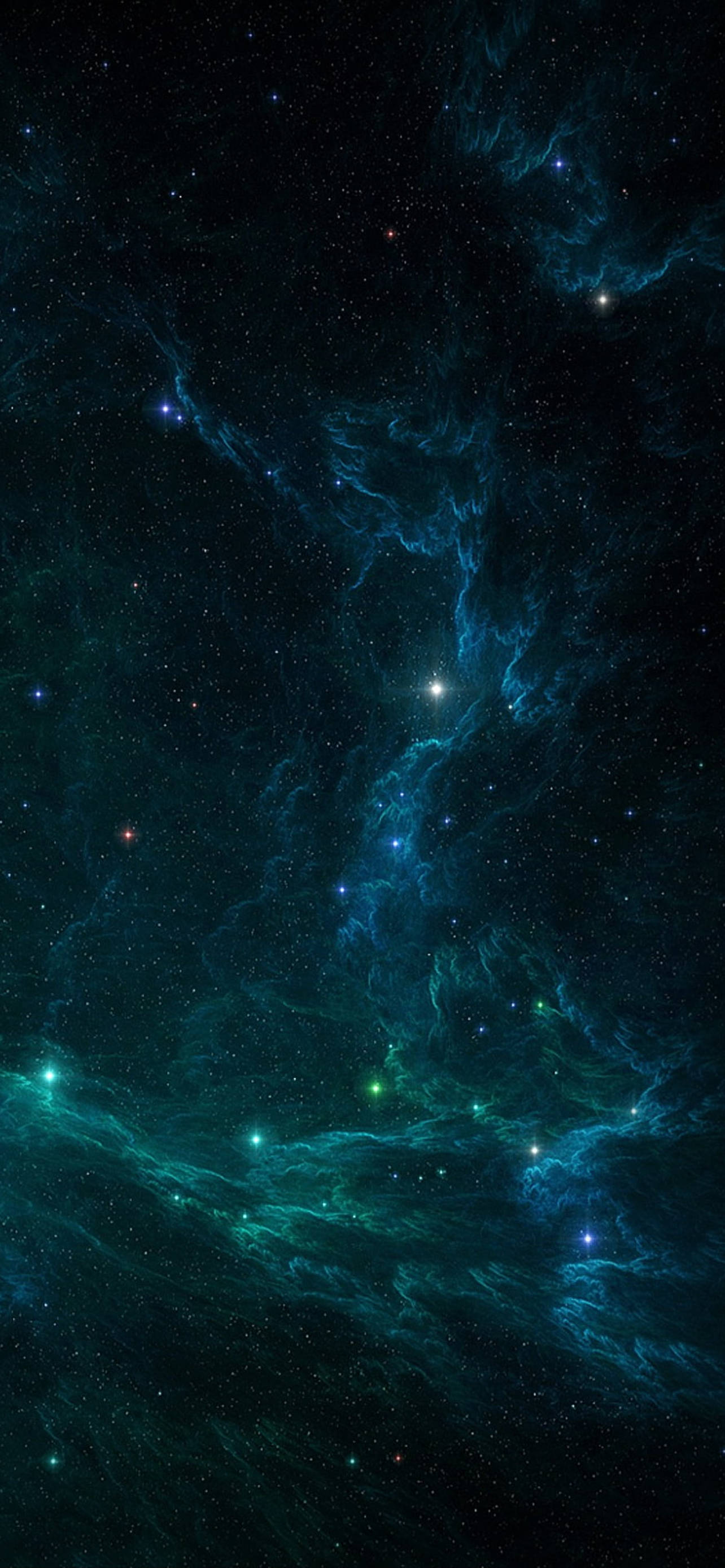宇宙 桌布 壁紙 — 一個宇宙景觀，發光的青綠色和藍色星雲在星場中旋轉，映襯著深邃的黑色虛空。