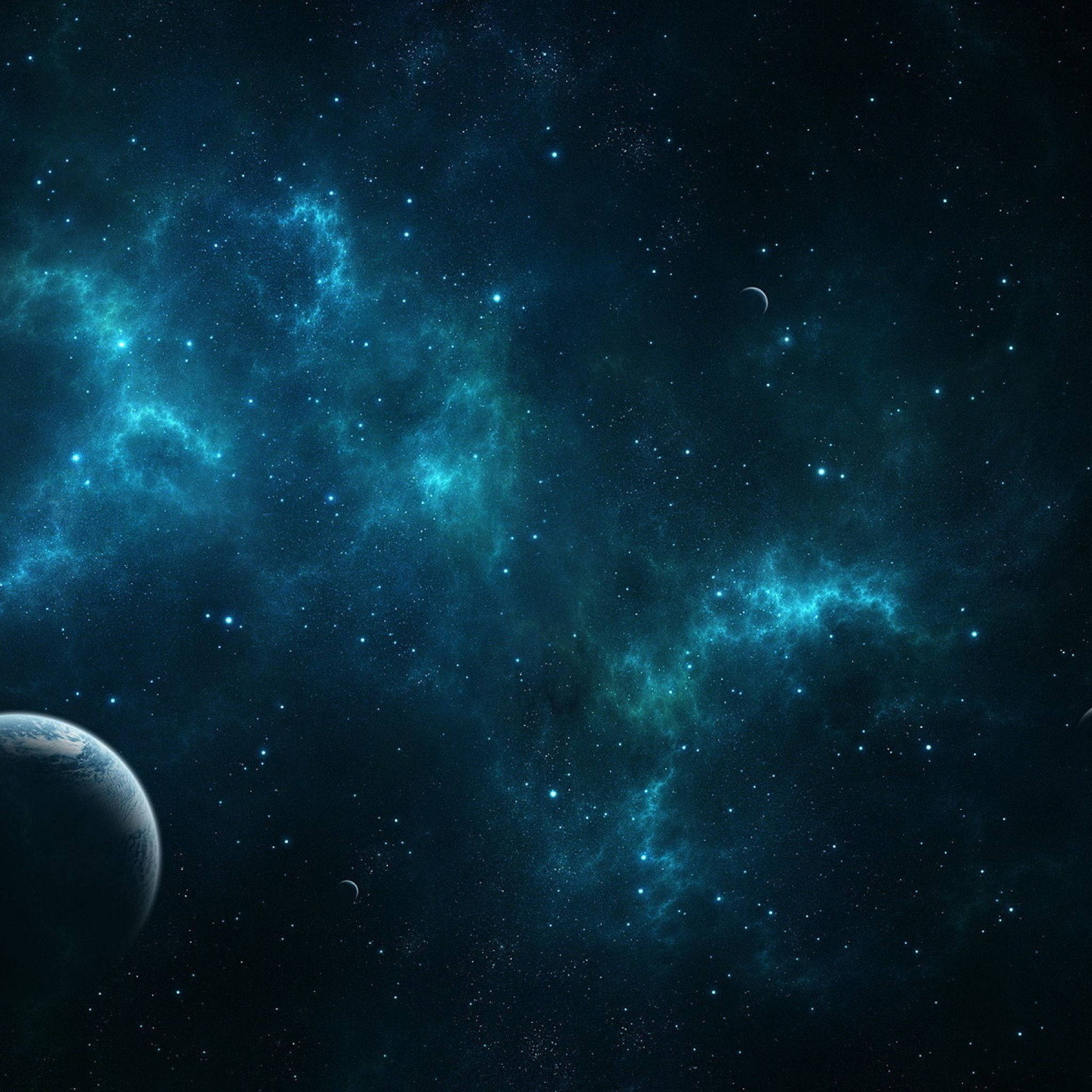 太空 桌布 壁紙 — 一個宇宙景觀，發光的青綠色星雲和遙遠的恆星，以及漂浮在深空中的行星和衛星。