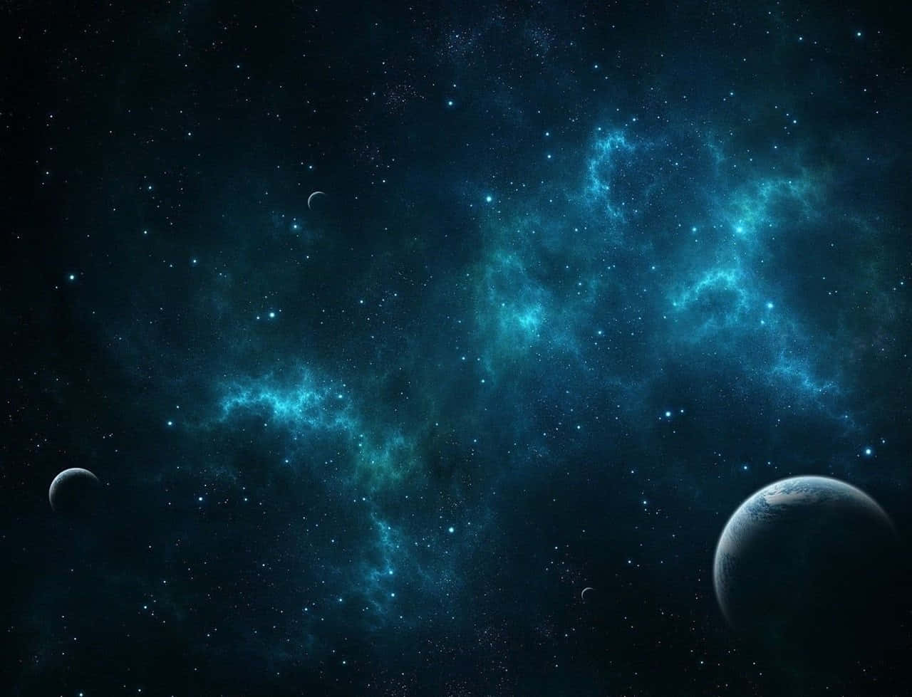 宇宙 桌布 壁紙 — 一個宇宙景觀，發光的青綠色星雲和遙遠的恆星，行星在黑暗的太空虛空中漂流。